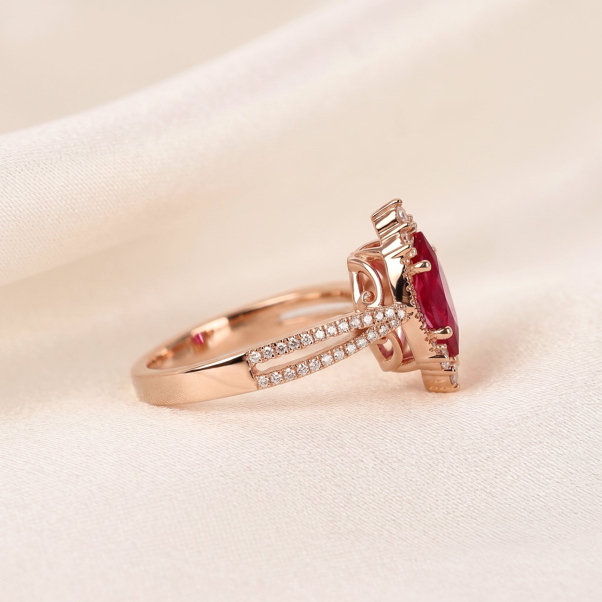 Marquise Ruby Red Gemstone Diamond Halo Ring in 10K Rose Gold 1.50 CTW