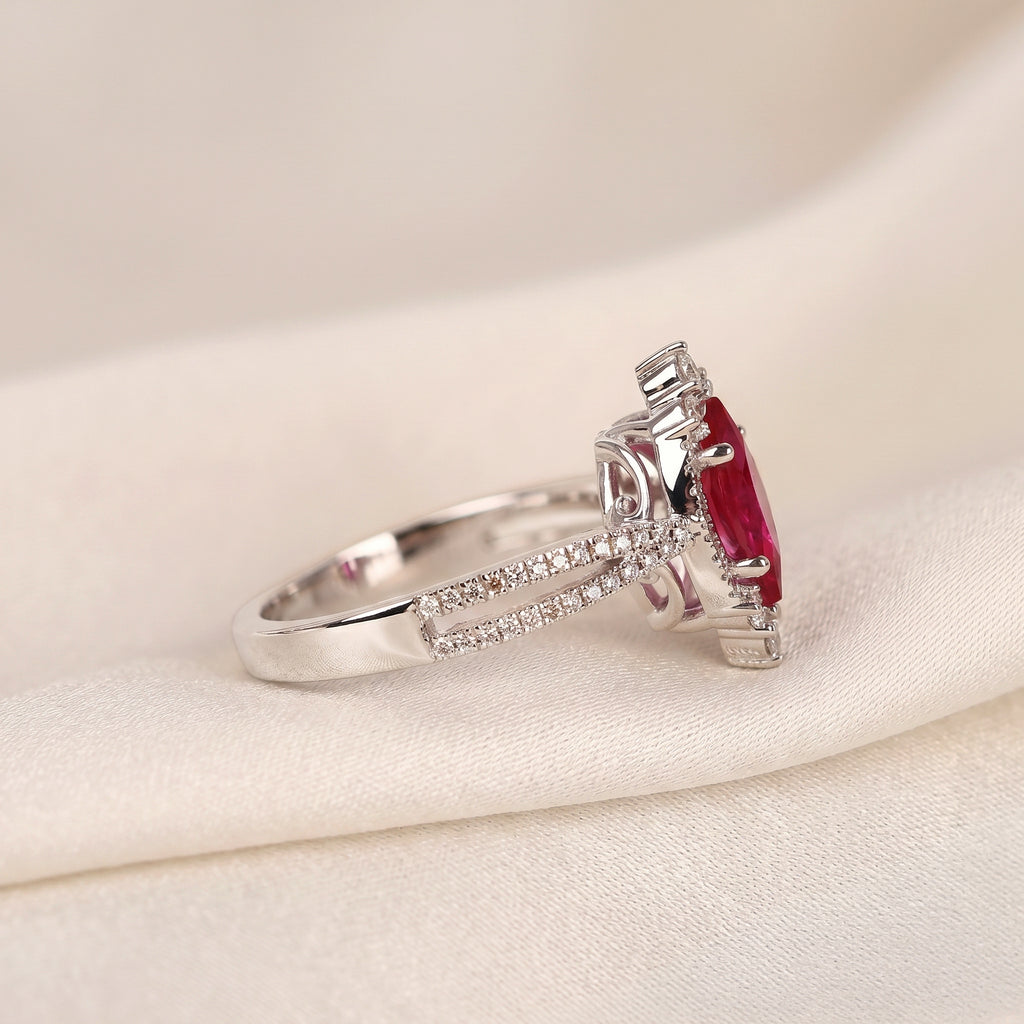 Marquise Ruby Red Gemstone Diamond Halo Ring in 10K White Gold 1.50 CTW