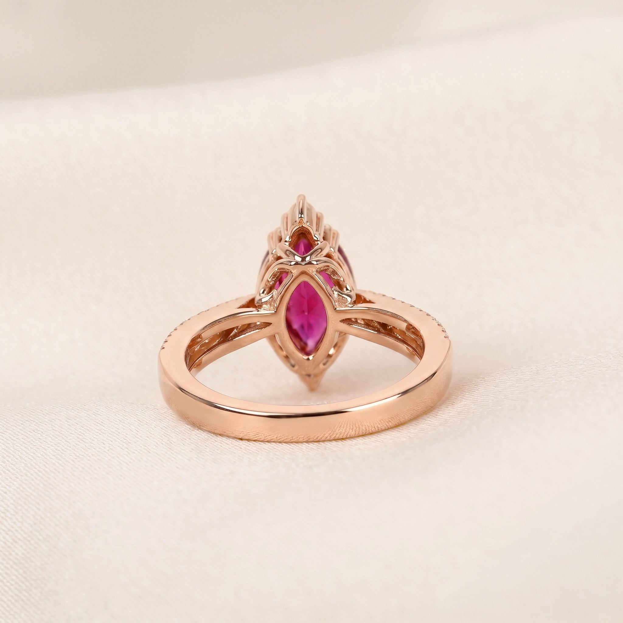 Marquise Ruby Red Gemstone Diamond Halo Ring in 14K Rose Gold 1.50 CTW