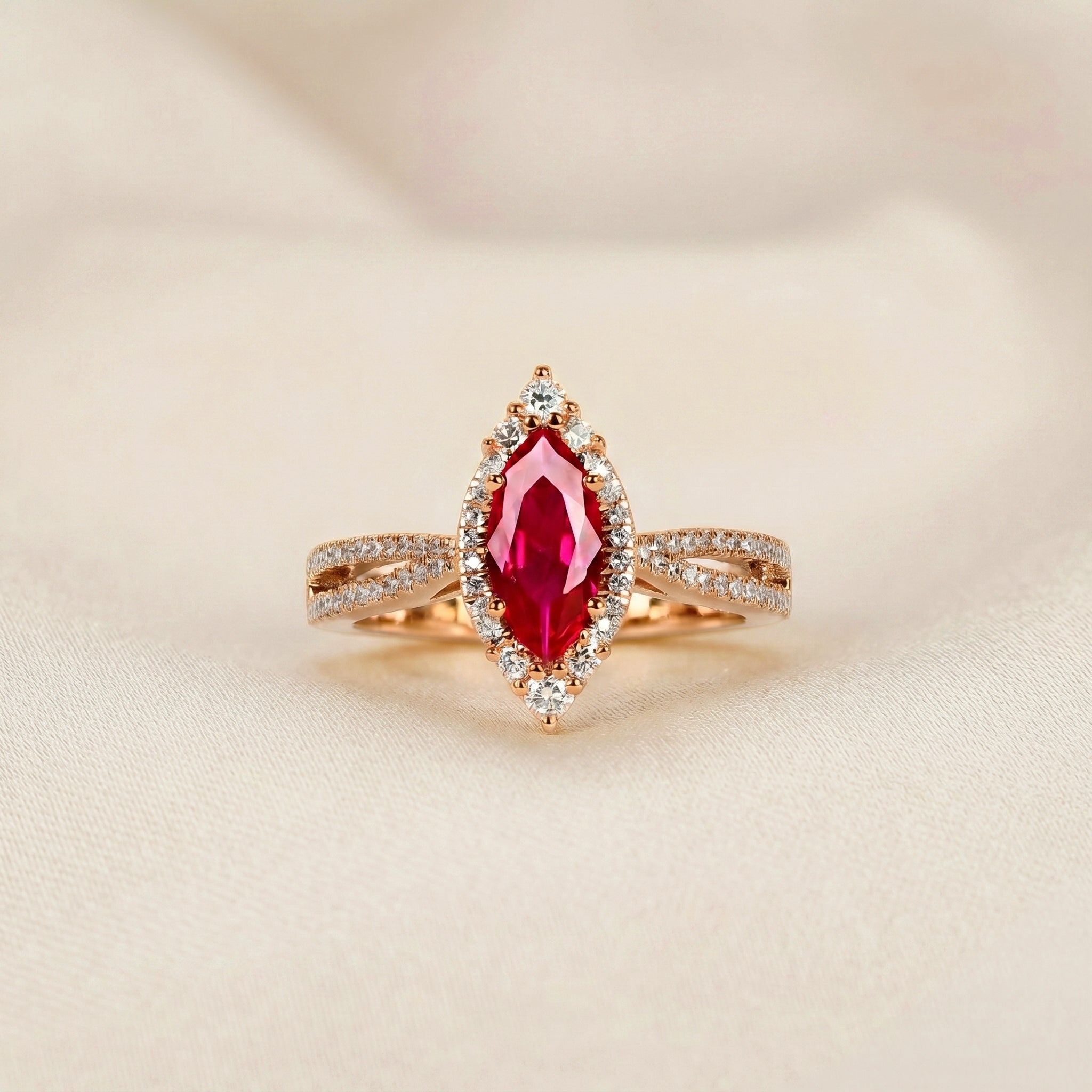 Marquise Ruby Red Gemstone Diamond Halo Ring in 14K Rose Gold 1.50 CTW