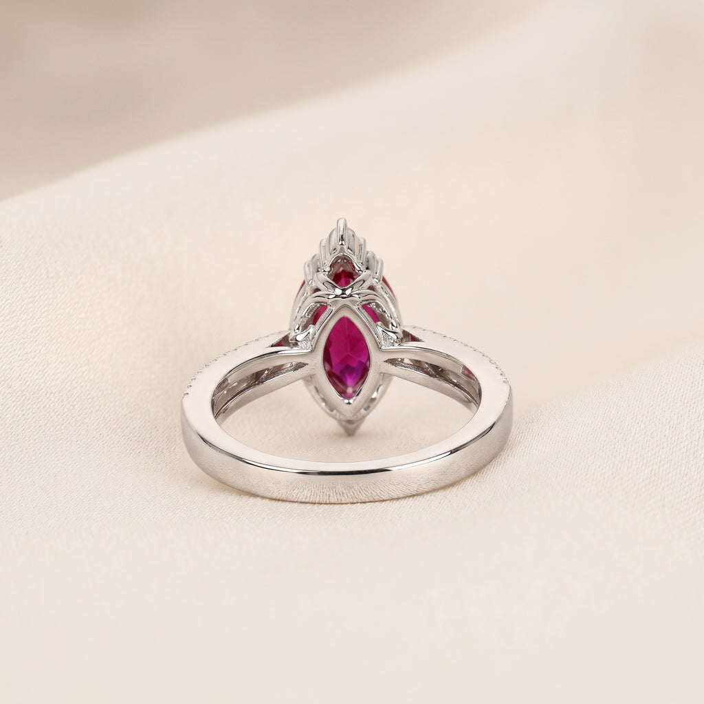 Marquise Ruby Red Gemstone Diamond Halo Ring in 14K White Gold 1.50 CTW