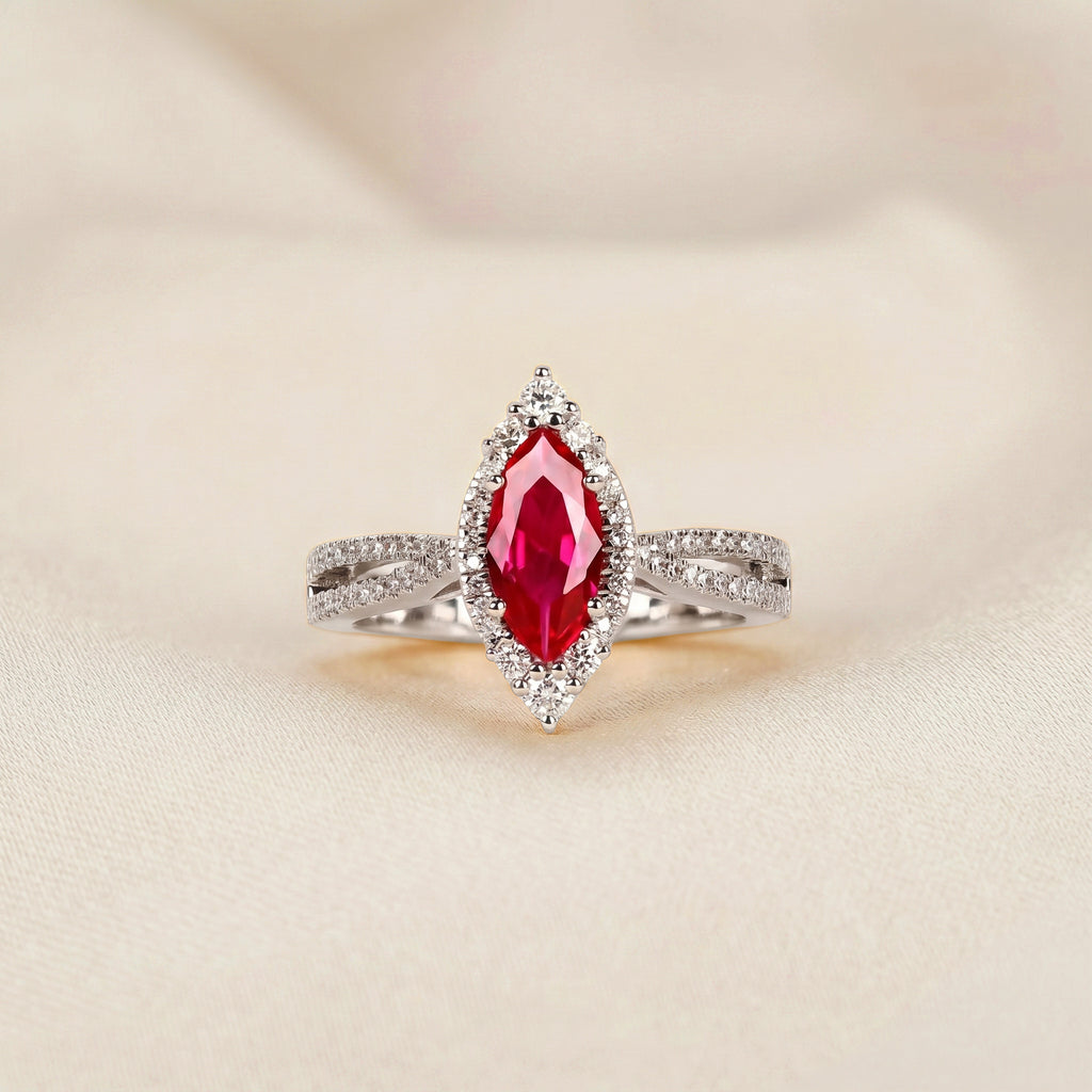Marquise Ruby Red Gemstone Diamond Halo Ring in 14K White Gold 1.50 CTW