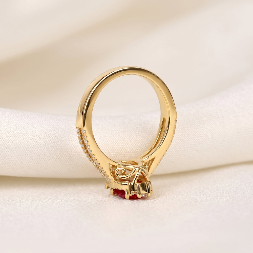 Marquise Ruby Red Gemstone Diamond Halo Ring in 14K yellow Gold 1.50 CTW