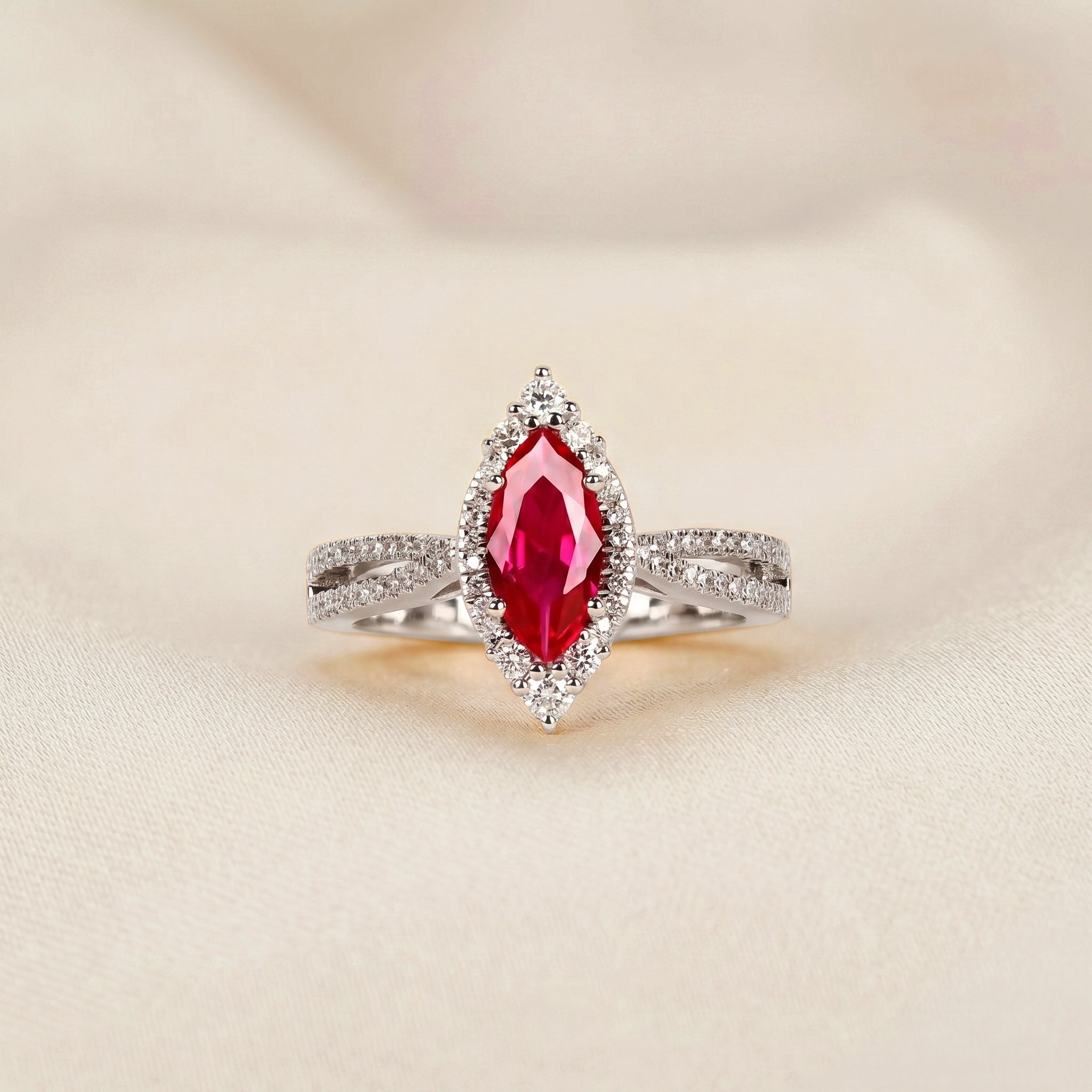 Marquise Ruby Red Gemstone Diamond Halo Ring in 18K White Gold 1.50 CTW