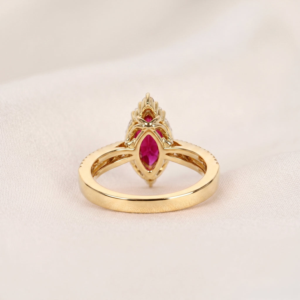 Marquise Ruby Red Gemstone Diamond Halo Ring in 18K yellow Gold 1.50 CTW
