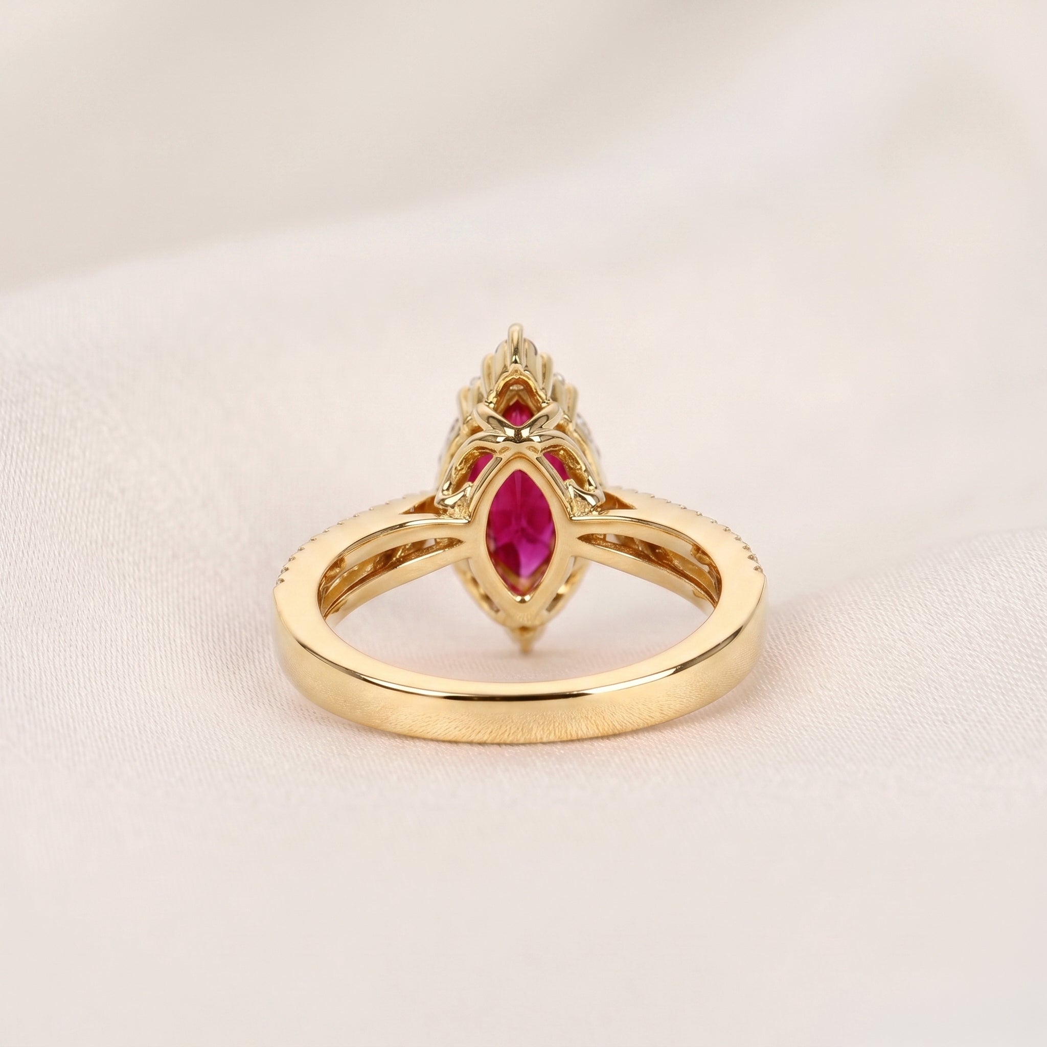 Marquise Ruby Red Gemstone Diamond Halo Ring in 18K yellow Gold 1.50 CTW
