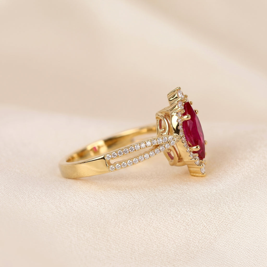 Marquise Ruby Red Gemstone Diamond Halo Ring in 18K yellow Gold 1.50 CTW