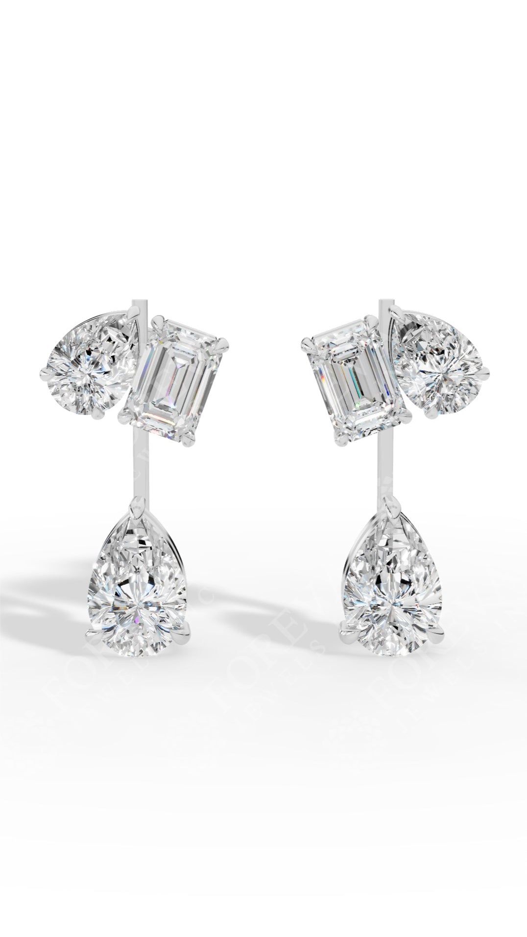 Multi Stone Cascade Duet Earrings With Emerald And Pear Cut 14K White Gold 5.4 CTW