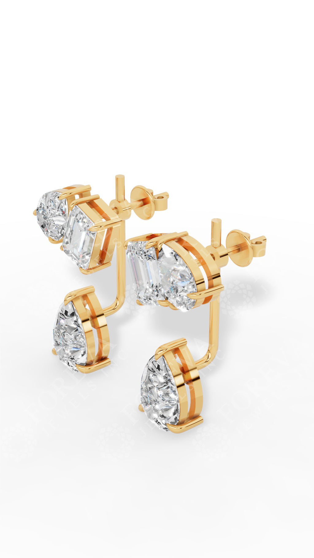 Multi Stone Cascade Duet Earrings With Emerald And Pear Cut 14K Yellow Gold 5.4 CTW