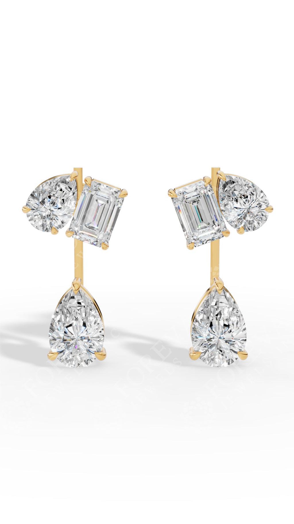 Multi Stone Cascade Duet Earrings With Emerald And Pear Cut 14K Yellow Gold 5.4 CTW