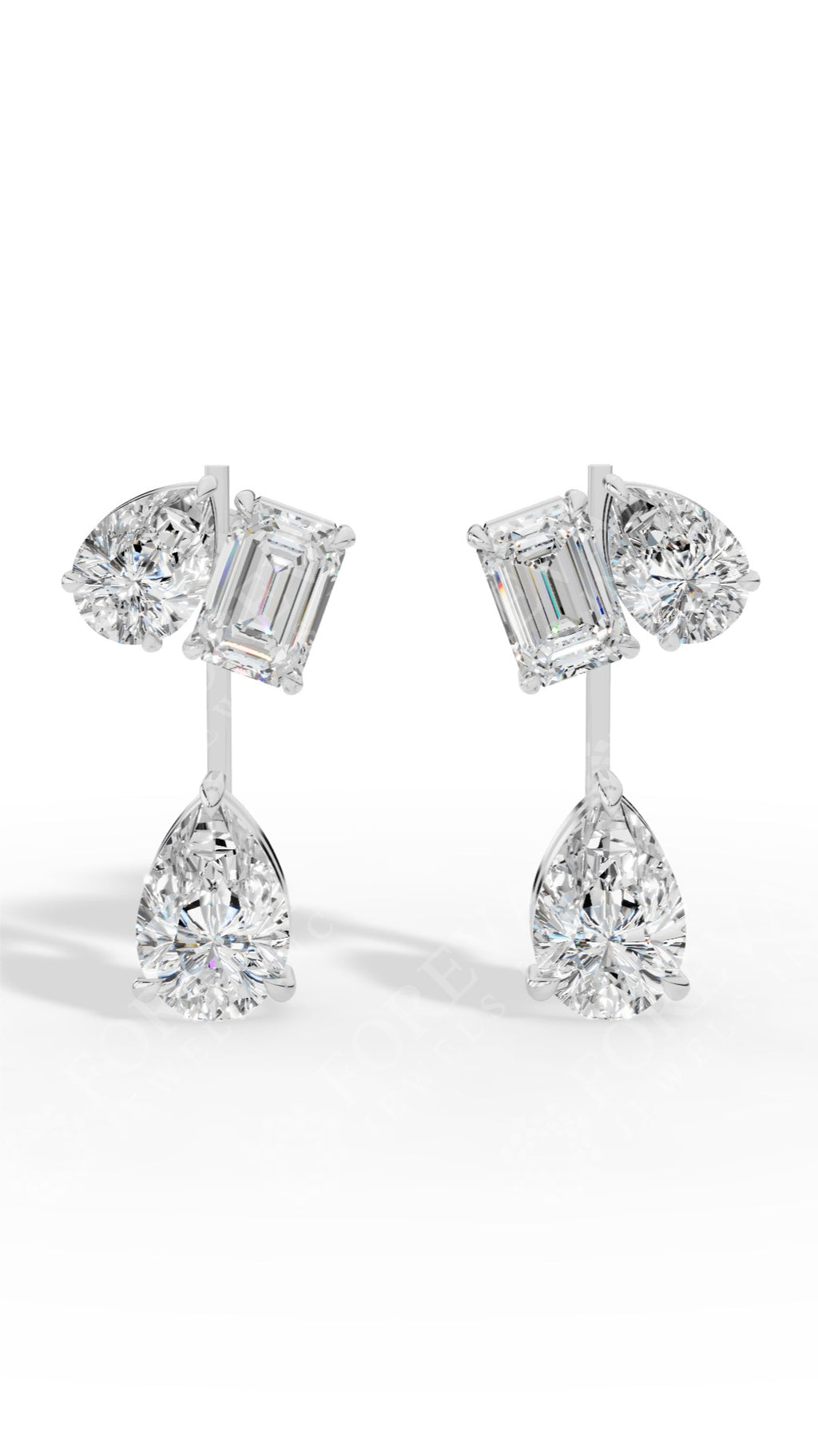Multi Stone Cascade Duet Earrings With Emerald And Pear Cut 18K White Gold 5.4 CTW