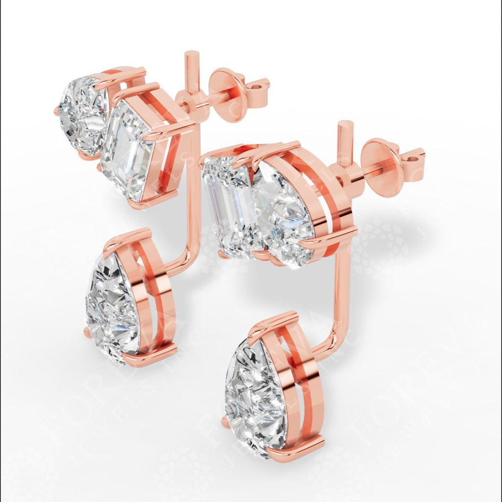 Multi Stone Cascade Duet Earrings With Emerald And Pear Cut Lab Grown Diamonds 18k rose gold