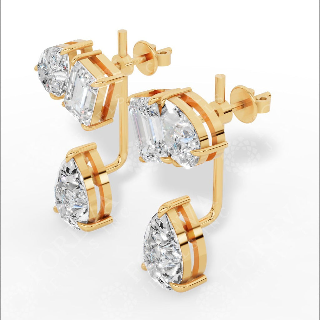Multi Stone Cascade Duet Earrings With Emerald And Pear Cut Lab Grown Diamonds 18k yellow gold