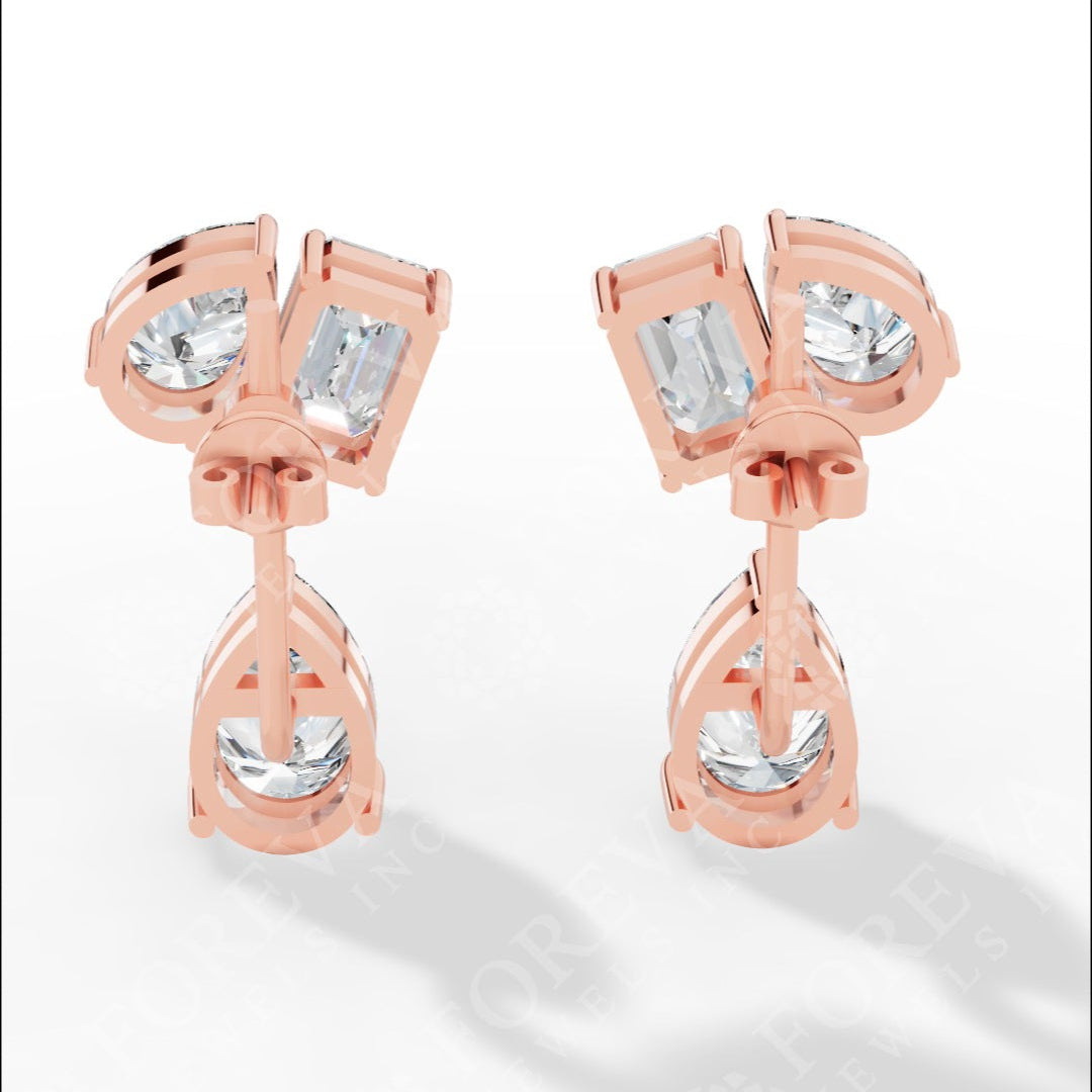 Multi Stone Cascade Duet Earrings With Emerald And Pear Cut Lab Grown Diamonds rose gold back