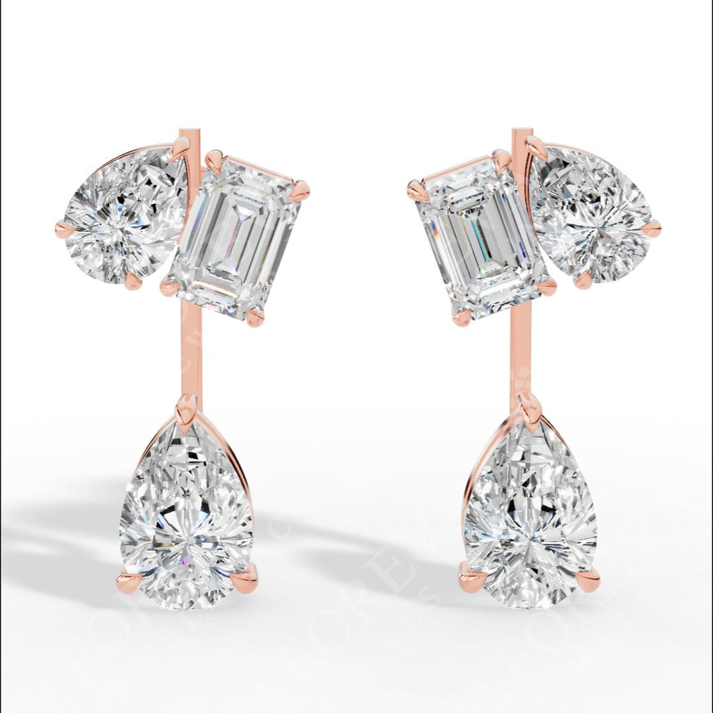 Multi Stone Cascade Duet Earrings With Emerald And Pear Cut Lab Grown Diamonds rose gold