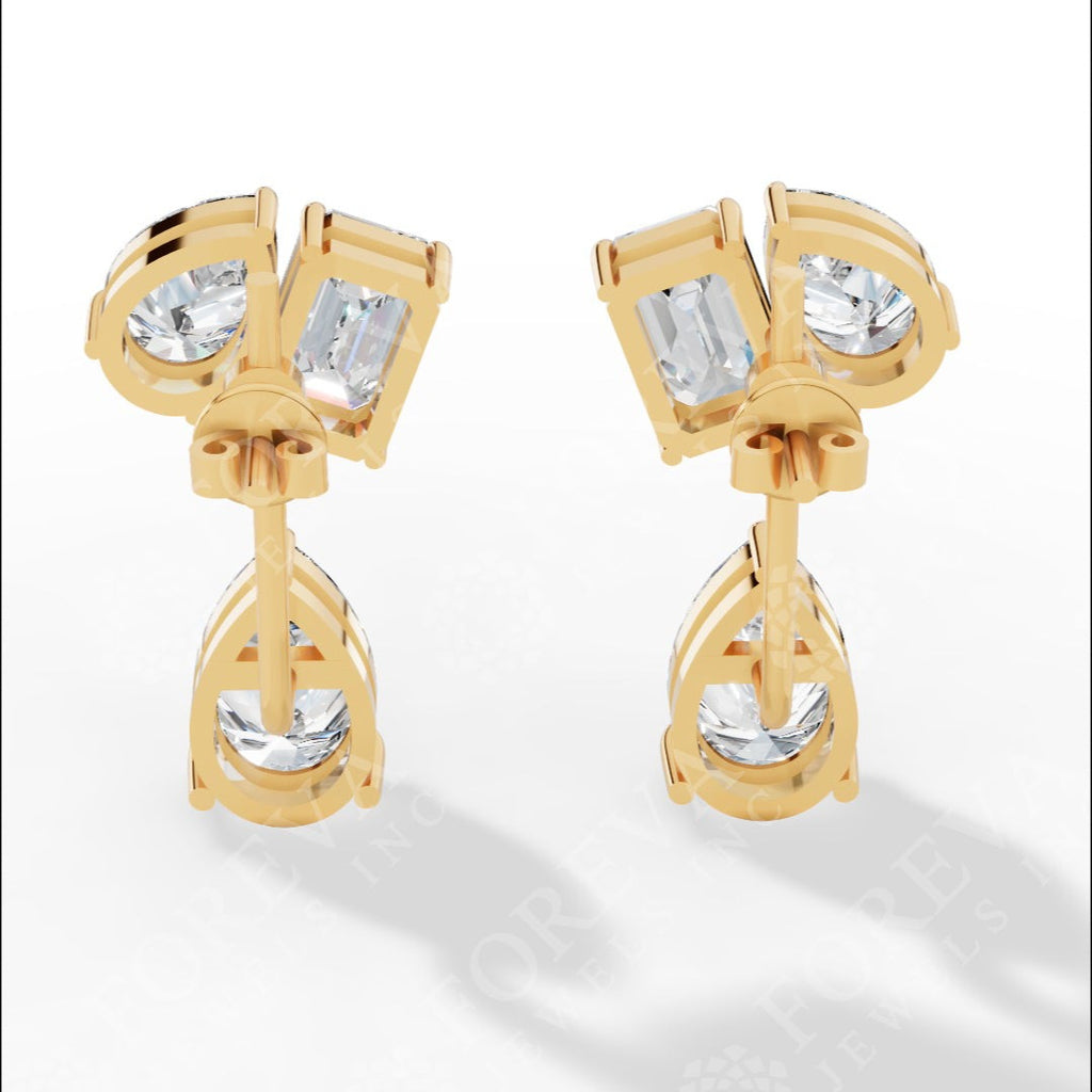 Multi Stone Cascade Duet Earrings With Emerald And Pear Cut Lab Grown Diamonds yellow gold back