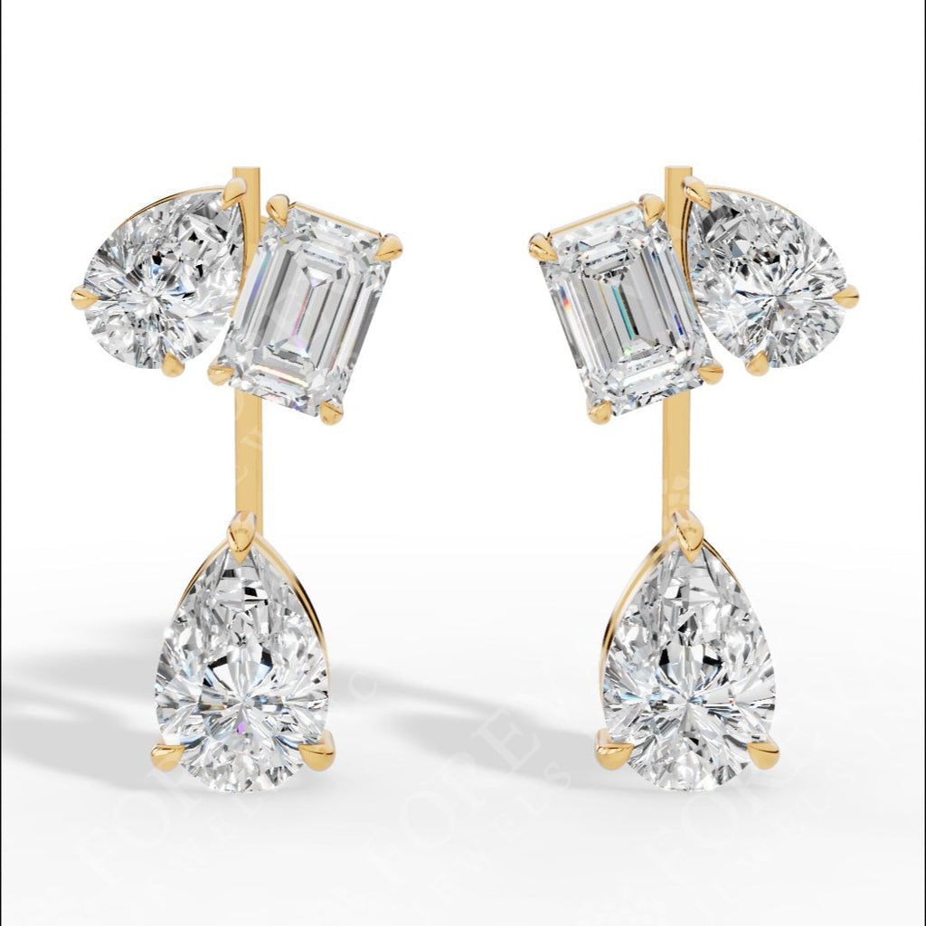 Multi Stone Cascade Duet Earrings With Emerald And Pear Cut Lab Grown Diamonds yellow gold
