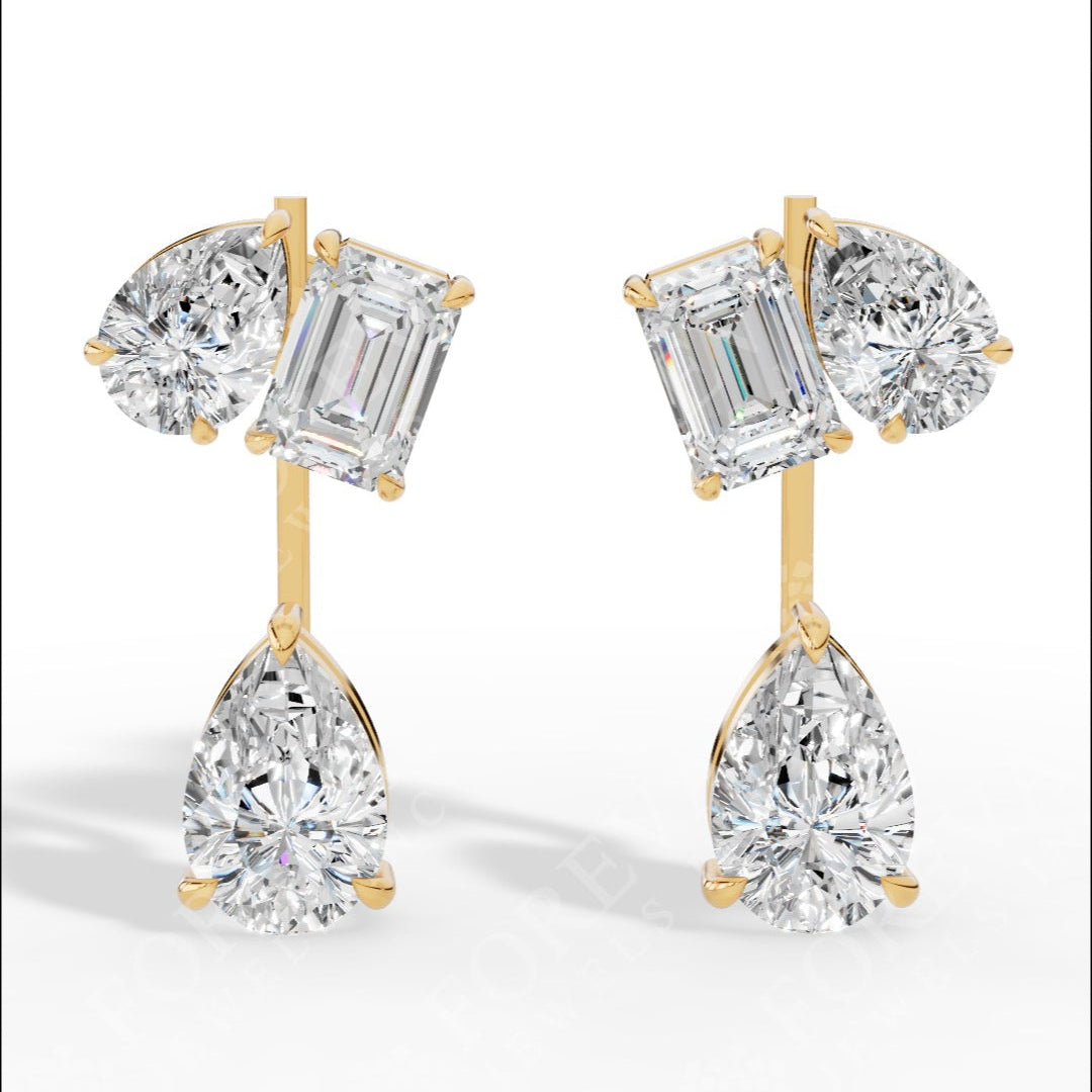 Multi Stone Cascade Duet Earrings With Emerald And Pear Cut Lab Grown Diamonds yellow gold