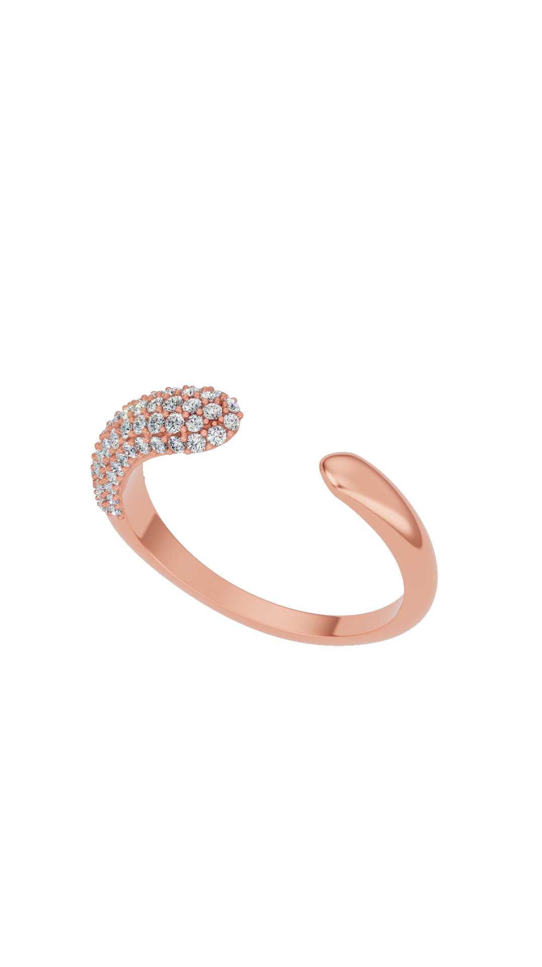 Top view of open cuff diamond ring with pave round cut lab grown diamonds in 10K rose gold