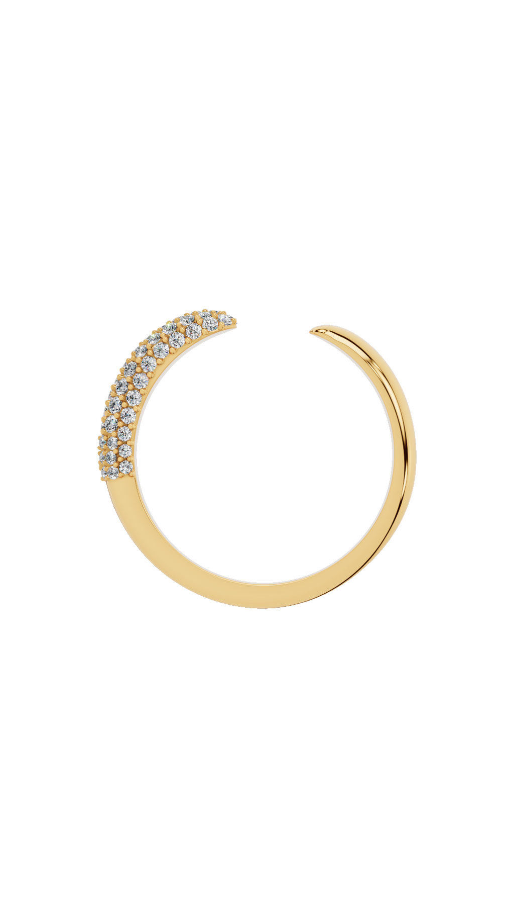 Adjustable band view of open cuff ring in 10K yellow gold with pave set round lab grown diamonds