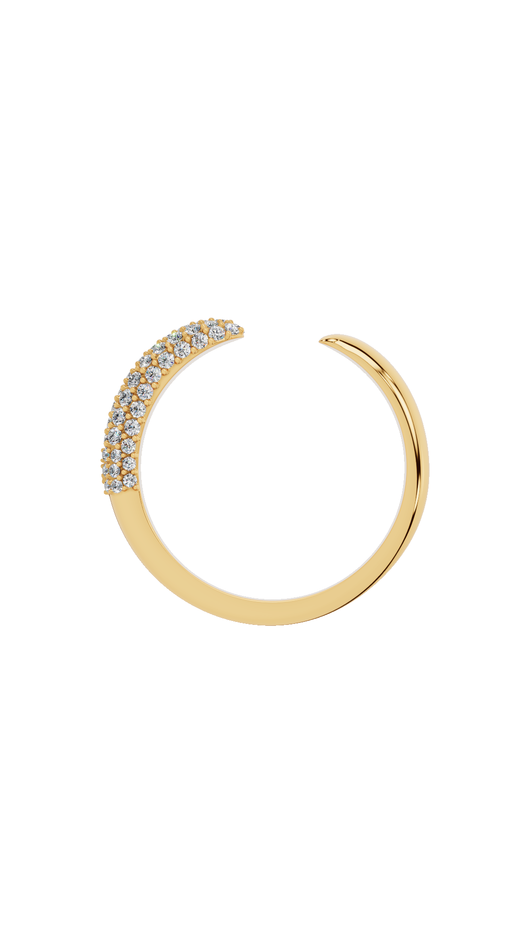 Adjustable band view of open cuff ring in 10K yellow gold with pave set round lab grown diamonds