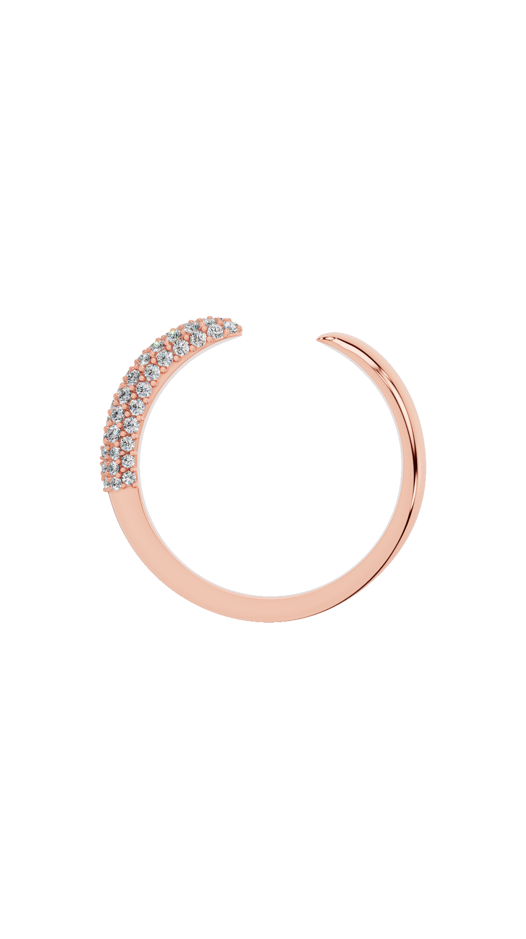 Adjustable band view of open cuff ring in 14K rose gold with pave set round lab grown diamonds