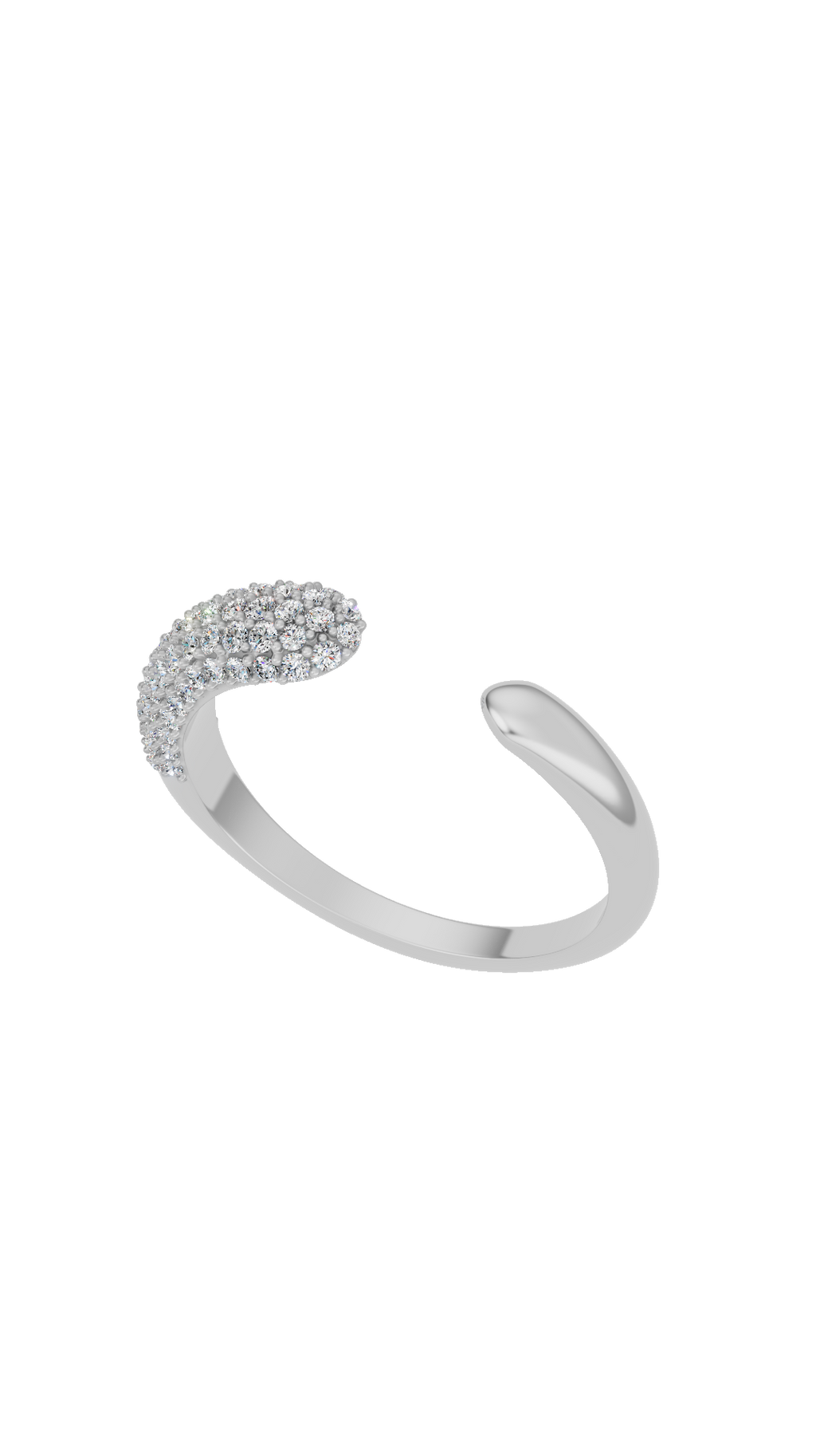 Top angle view of open cuff diamond ring with pave round cut lab grown diamonds in 14K white gold