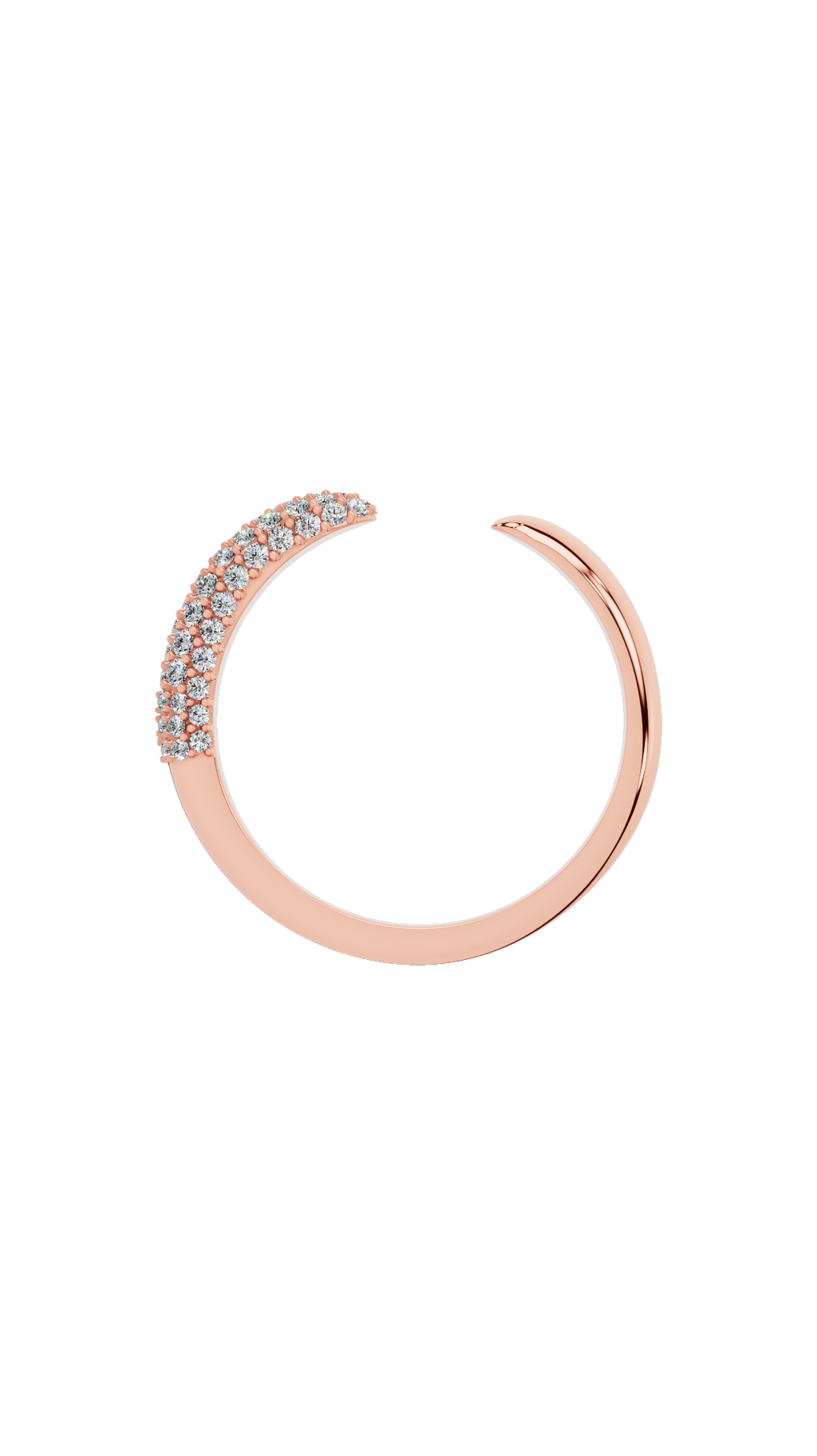 Adjustable band view of open cuff ring in 18K rose gold with pave set round lab grown diamonds