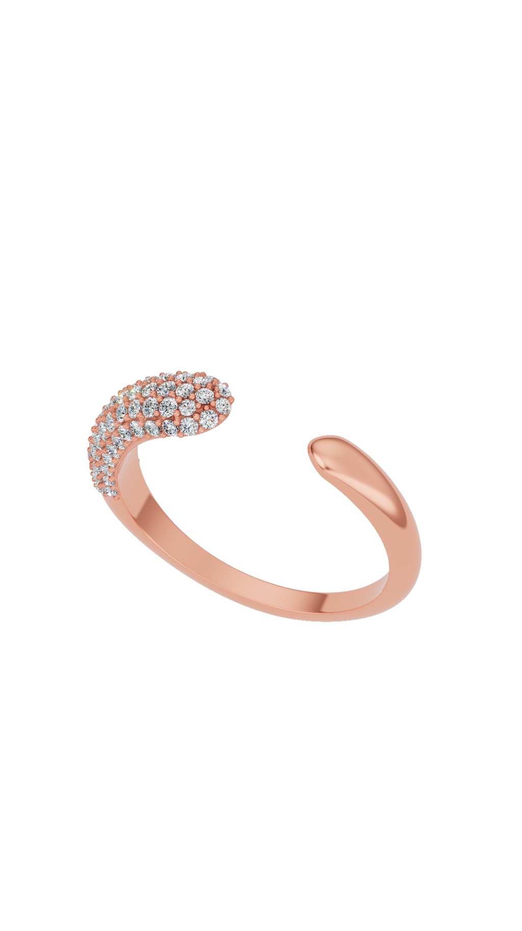 Top angle view of open cuff diamond ring with pave round cut lab grown diamonds in 18K rose gold