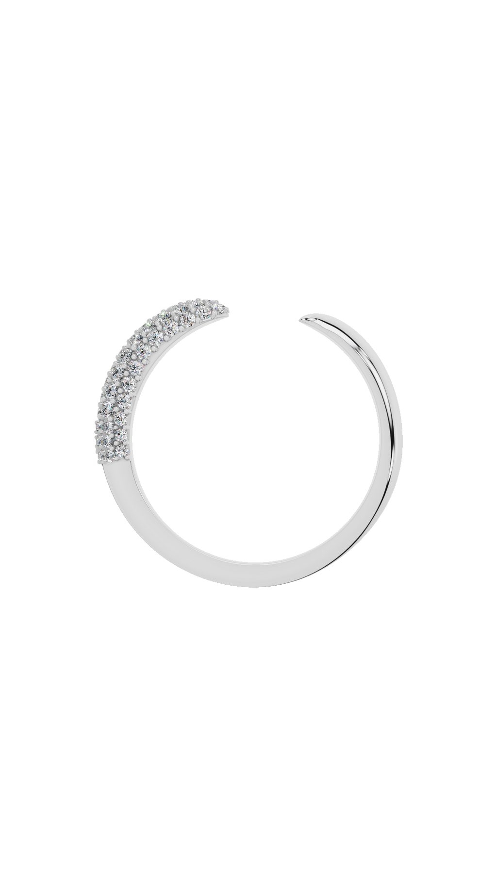 Adjustable band view of open cuff ring in 18K white gold with pave set round lab grown diamonds
