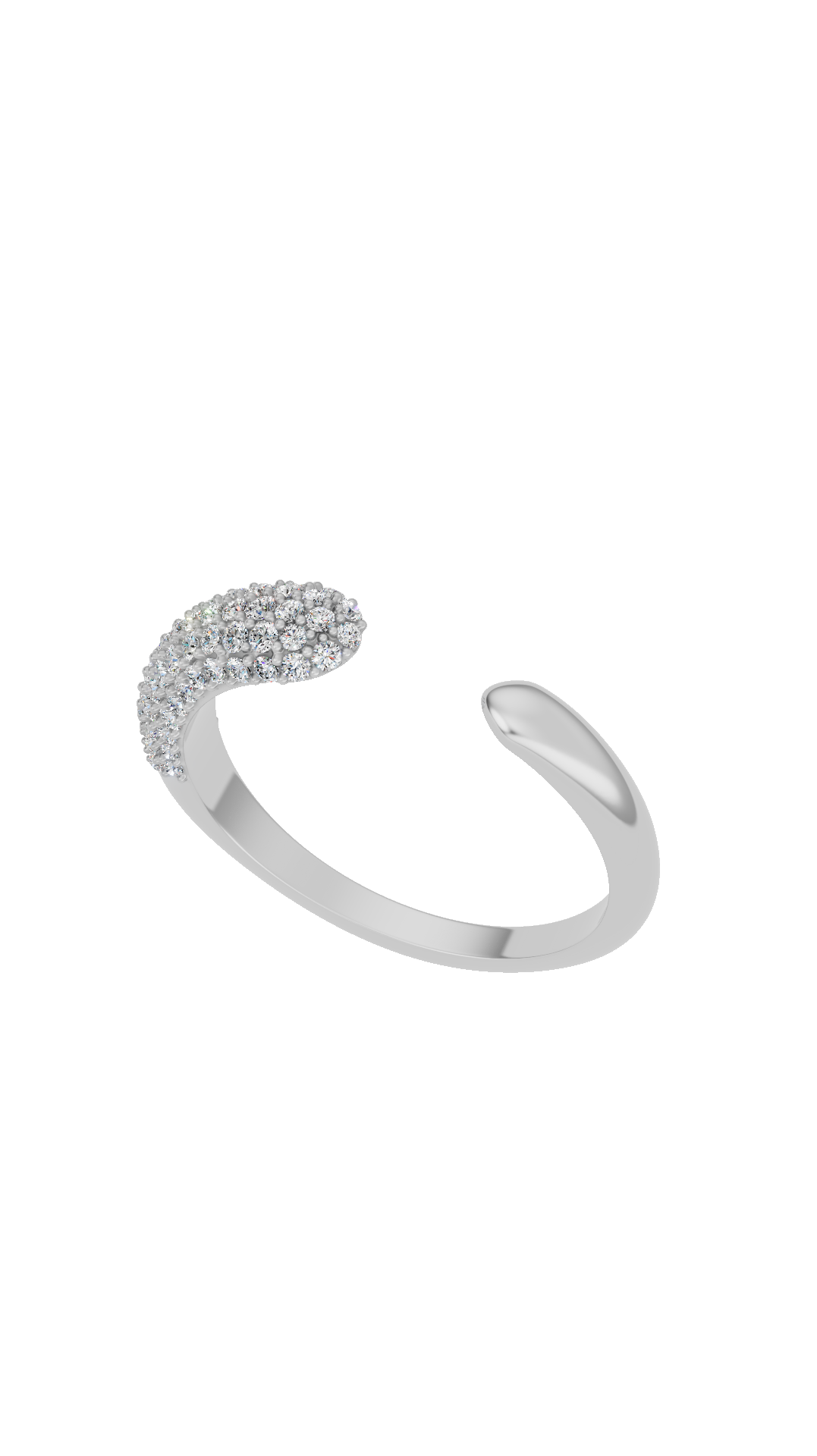Top angle view of open cuff diamond ring with pave round cut lab grown diamonds in 18K white gold