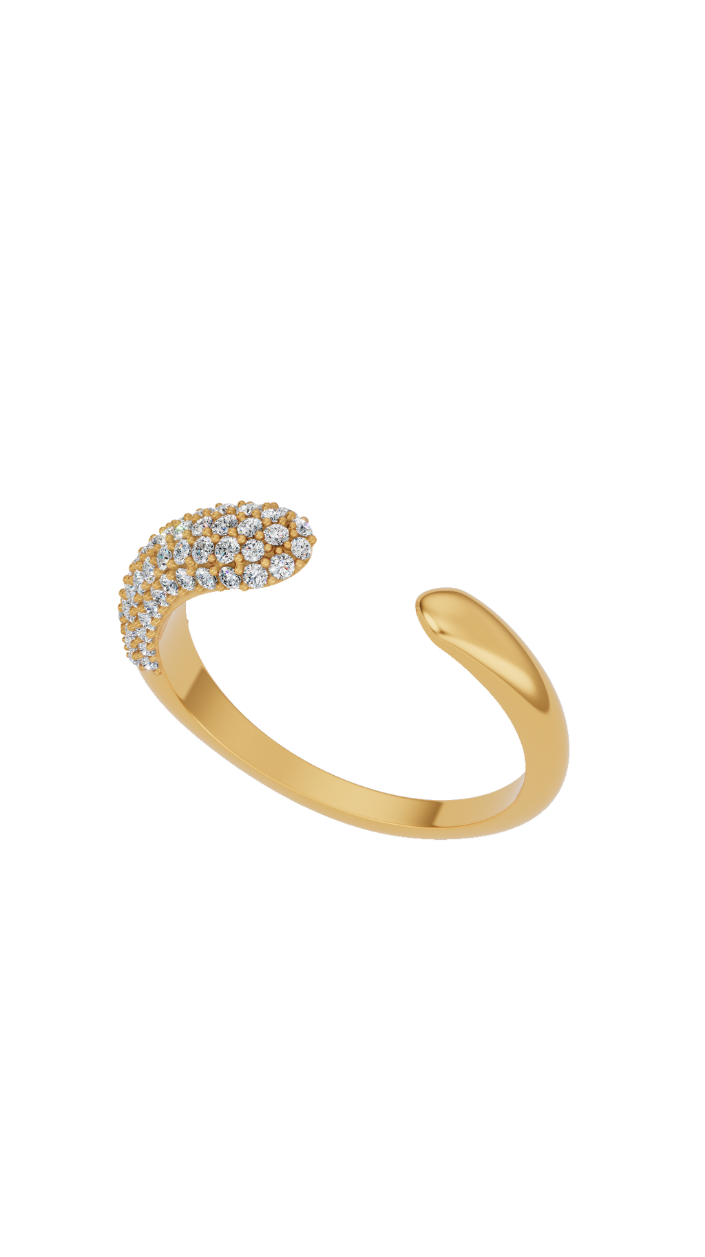 Top angle view of open cuff diamond ring with pave round cut lab grown diamonds in 18K yellow gold