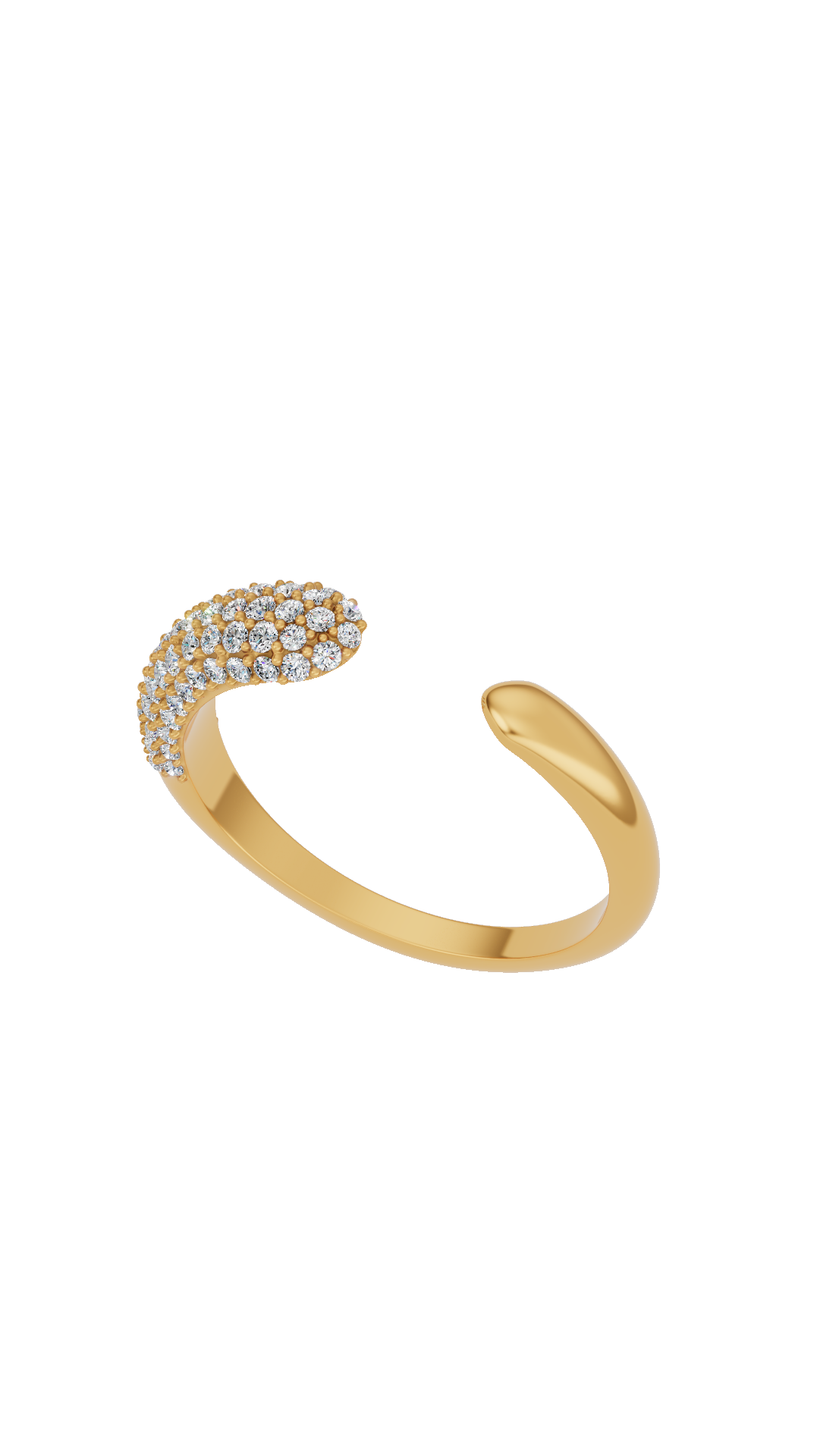 Top angle view of open cuff diamond ring with pave round cut lab grown diamonds in 18K yellow gold