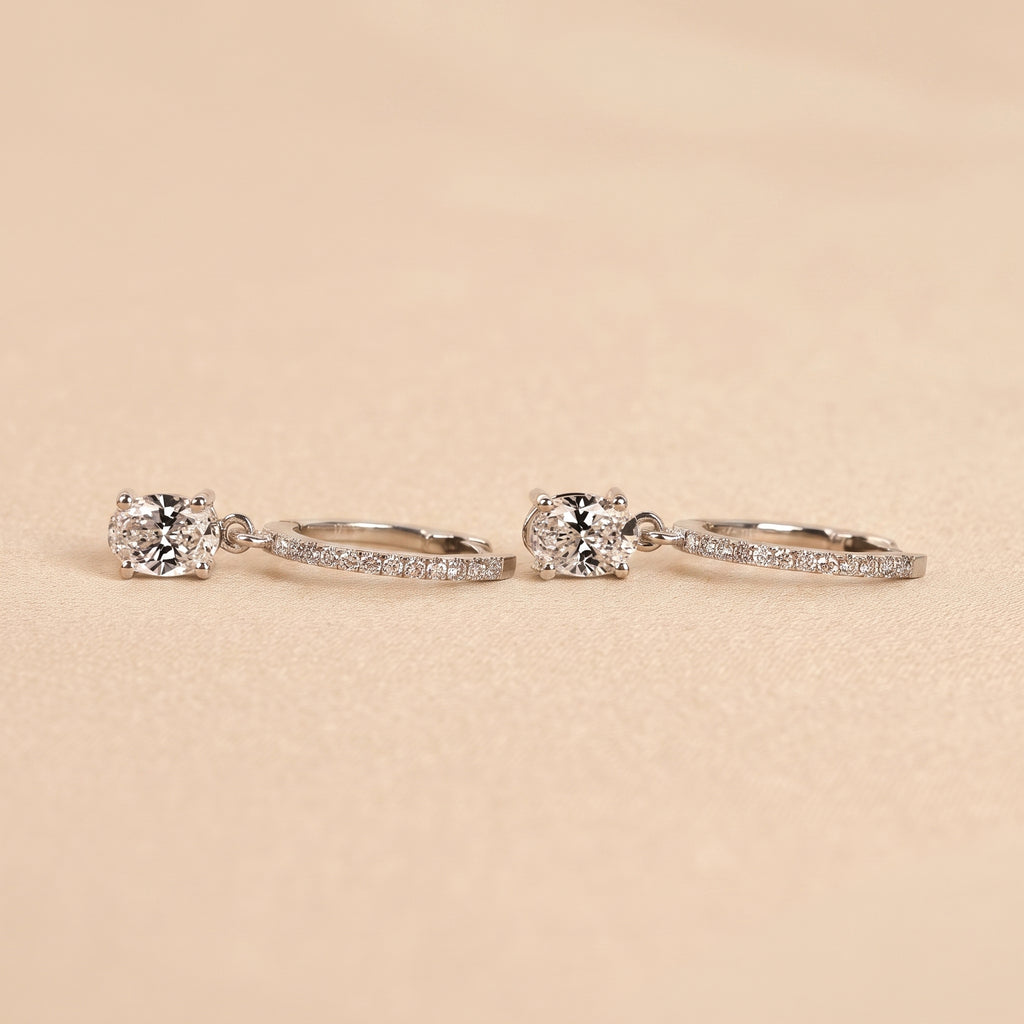 Oval & Round Lab Grown Diamond Drop Hoop Earrings in 10K White Gold 1.60 CTW