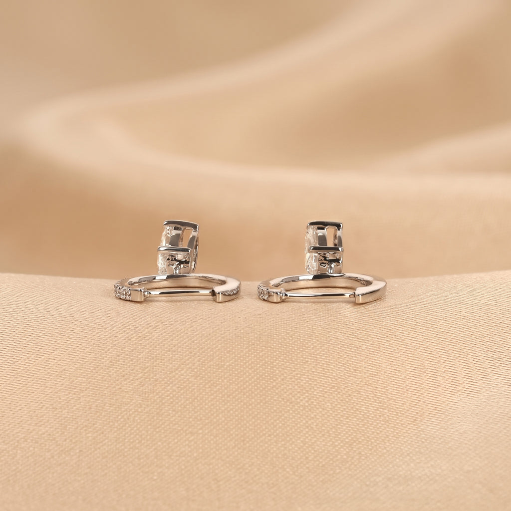 Oval & Round Lab Grown Diamond Drop Hoop Earrings in 18K White Gold 1.60 CTW