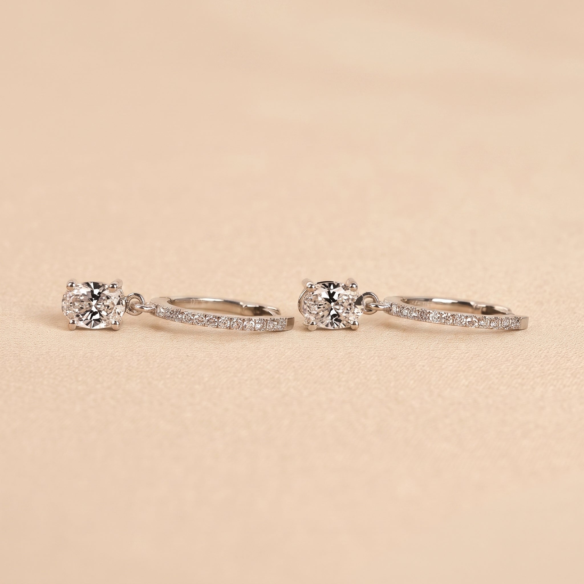 Oval & Round Lab Grown Diamond Drop Hoop Earrings in 18K White Gold 1.60 CTW
