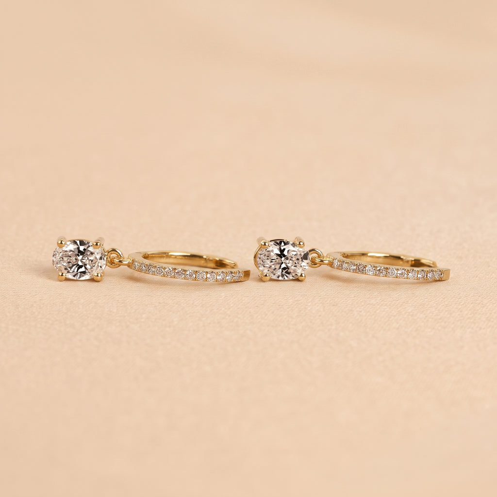 Oval & Round Lab Grown Diamond Drop Hoop Earrings in 18K Yellow Gold 1.60 CTW