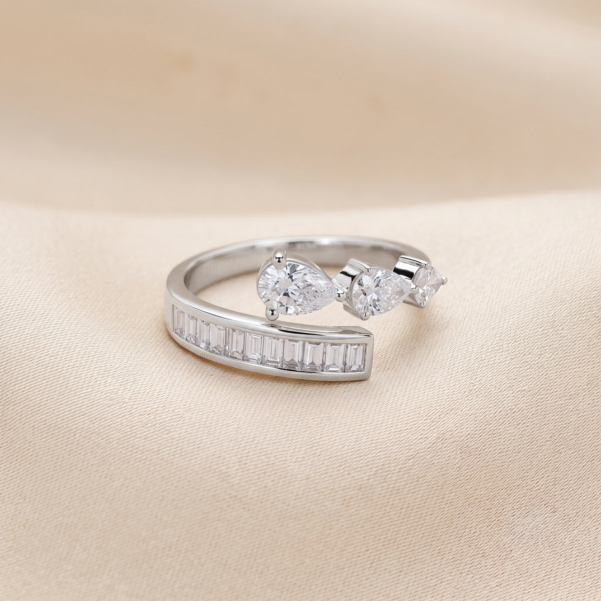 Pear & Baguette Lab Grown Diamond Nature Inspired Bypass Ring in 10K White Gold 1.20 CTW