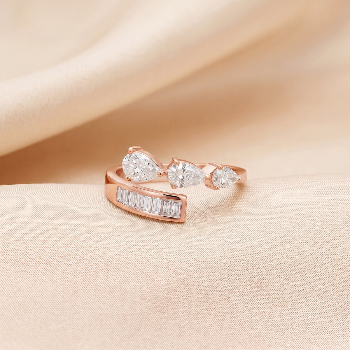 Pear & Baguette Lab Grown Diamond Nature Inspired Bypass Ring in 14K Rose Gold 1.20 CTW