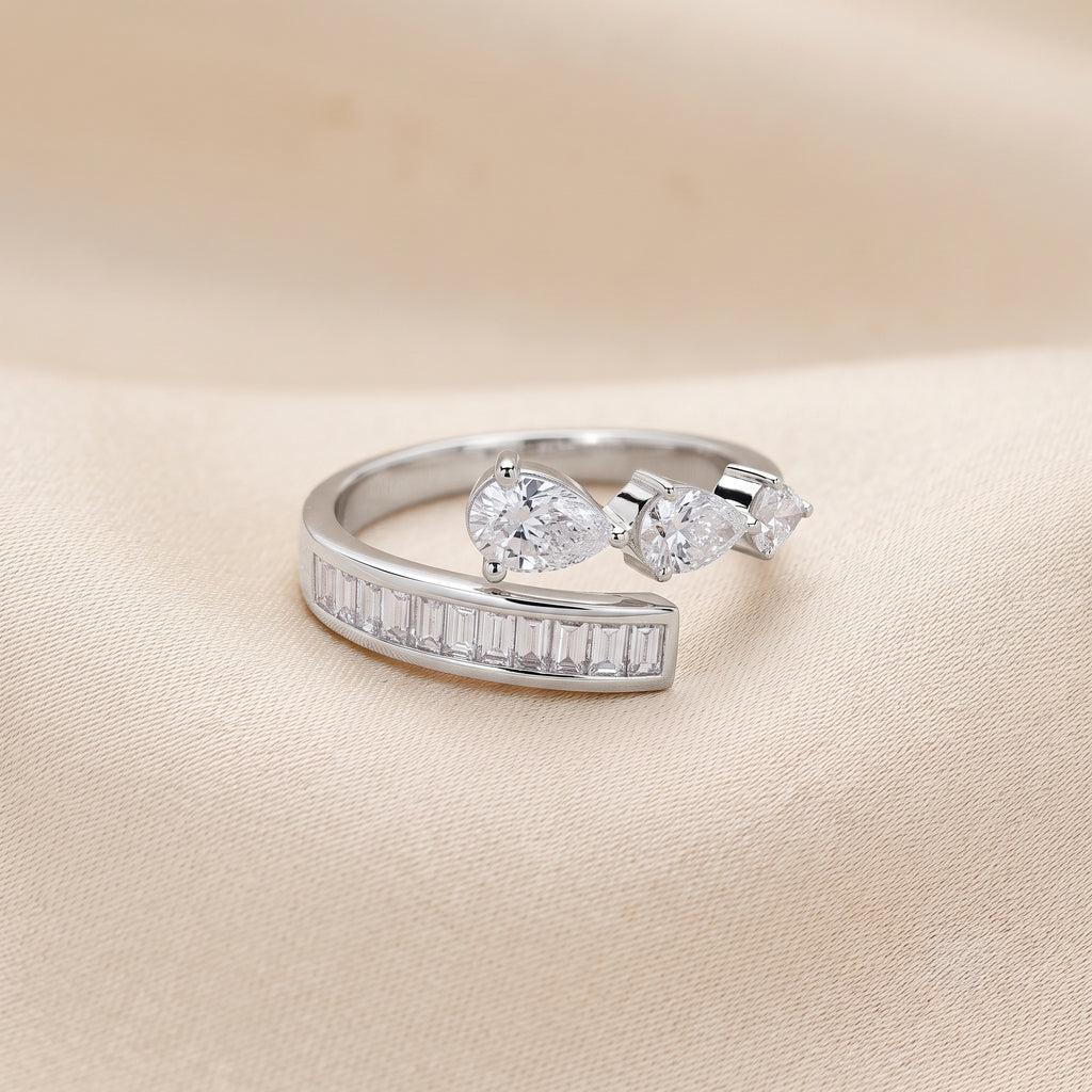 Pear & Baguette Lab Grown Diamond Nature Inspired Bypass Ring in 14K White Gold 1.20 CTW