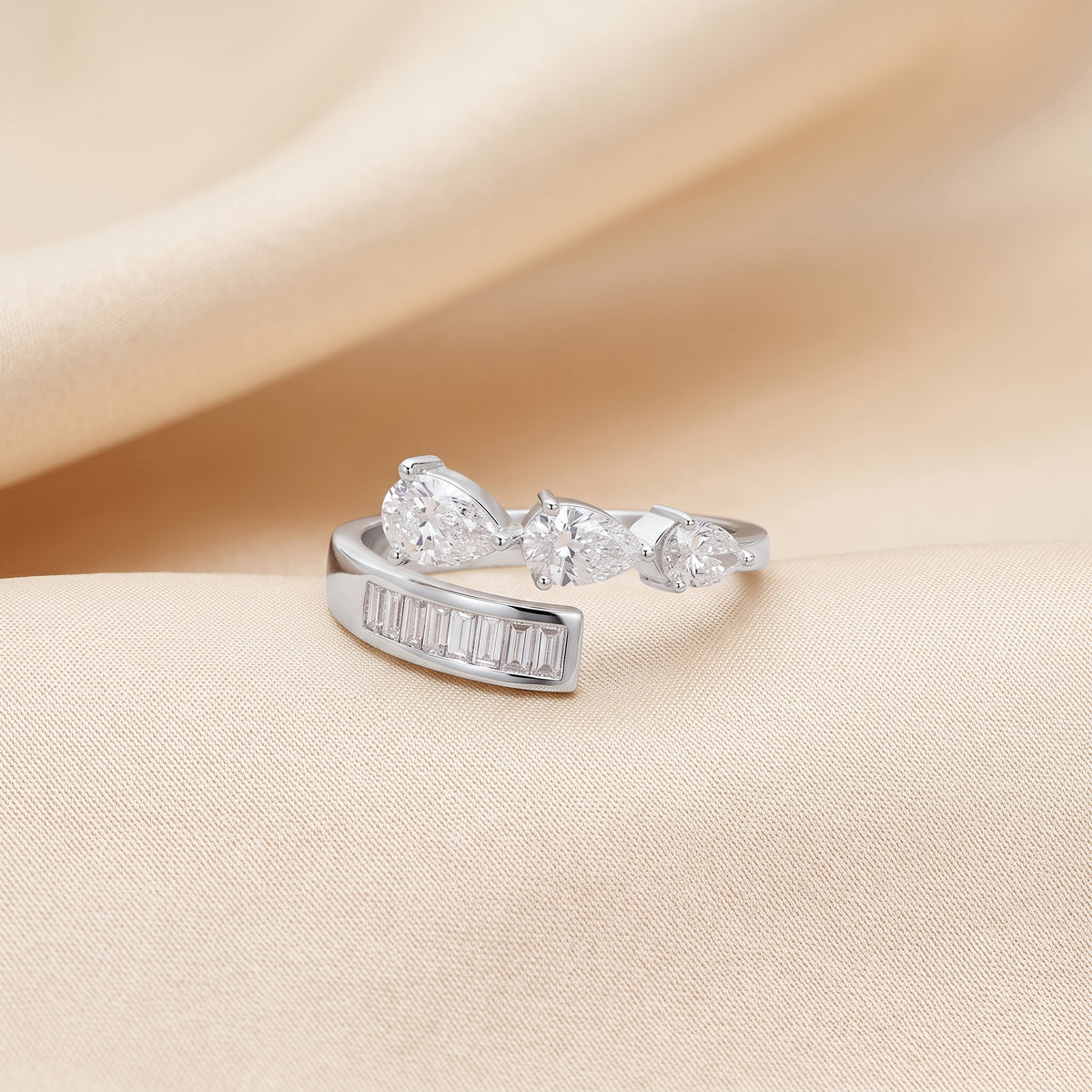 Pear & Baguette Lab Grown Diamond Nature Inspired Bypass Ring in 14K White Gold 1.20 CTW