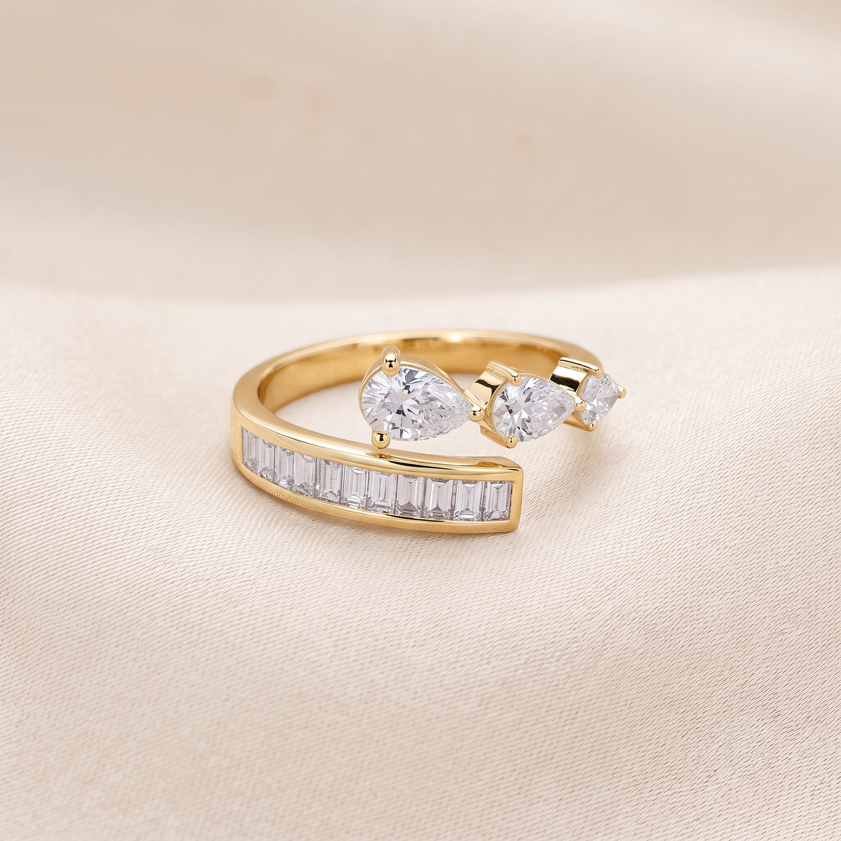 Pear & Baguette Lab Grown Diamond Nature Inspired Bypass Ring in 14K Yellow Gold 1.20 CTW