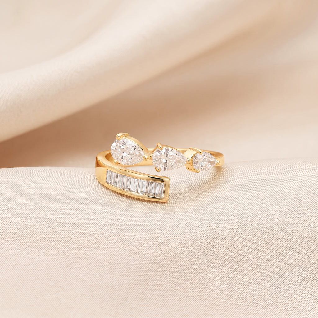 Pear & Baguette Lab Grown Diamond Nature Inspired Bypass Ring in 14K Yellow Gold 1.20 CTW