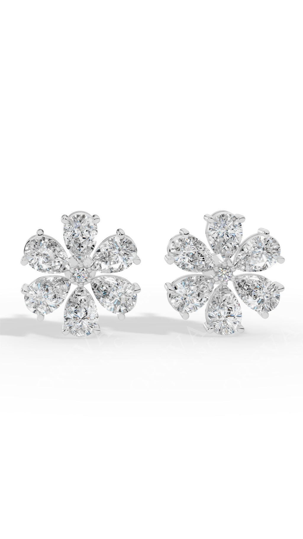 Pear Cut Floral Cluster Stud Earrings 18K White Gold 4.3 CTW