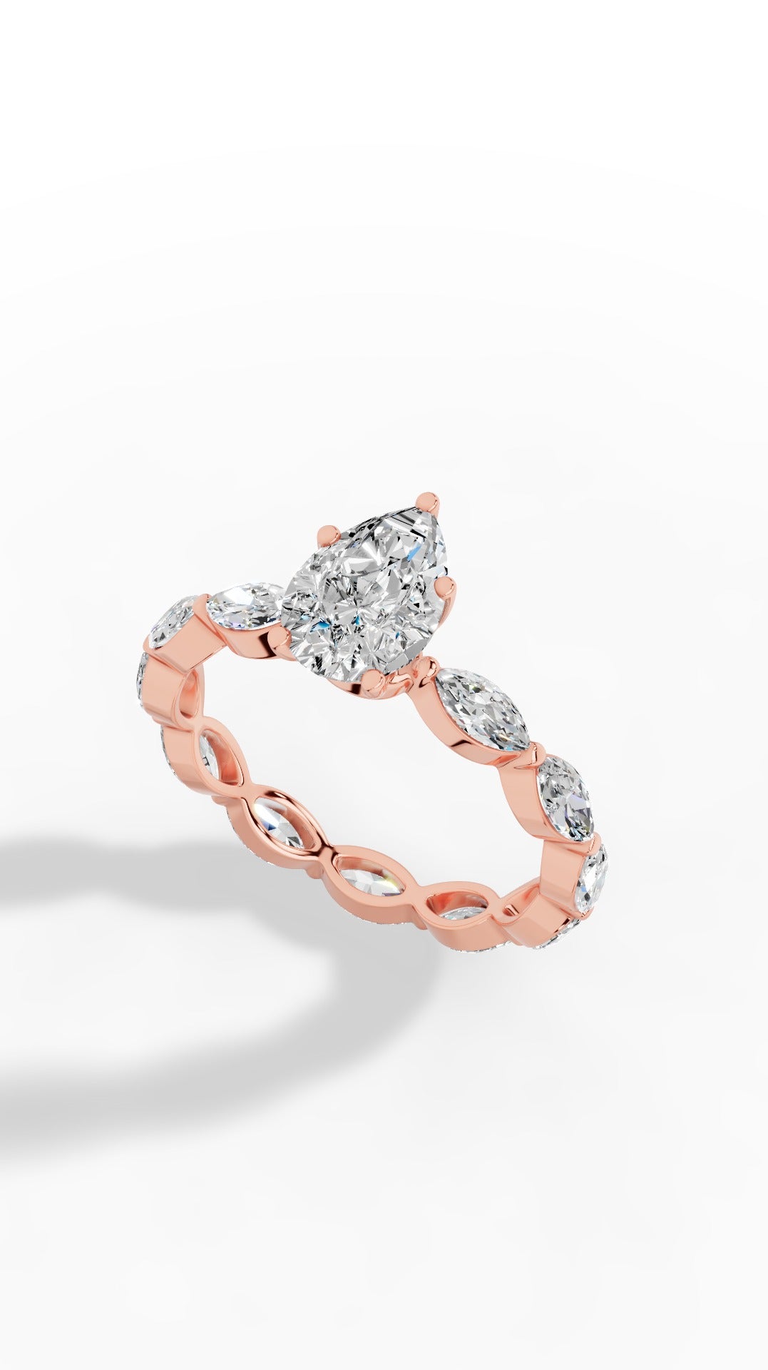 Pear Cut Solitaire & Eternity Marquise Cut Ring 18K Rose Gold 3.04 CTW