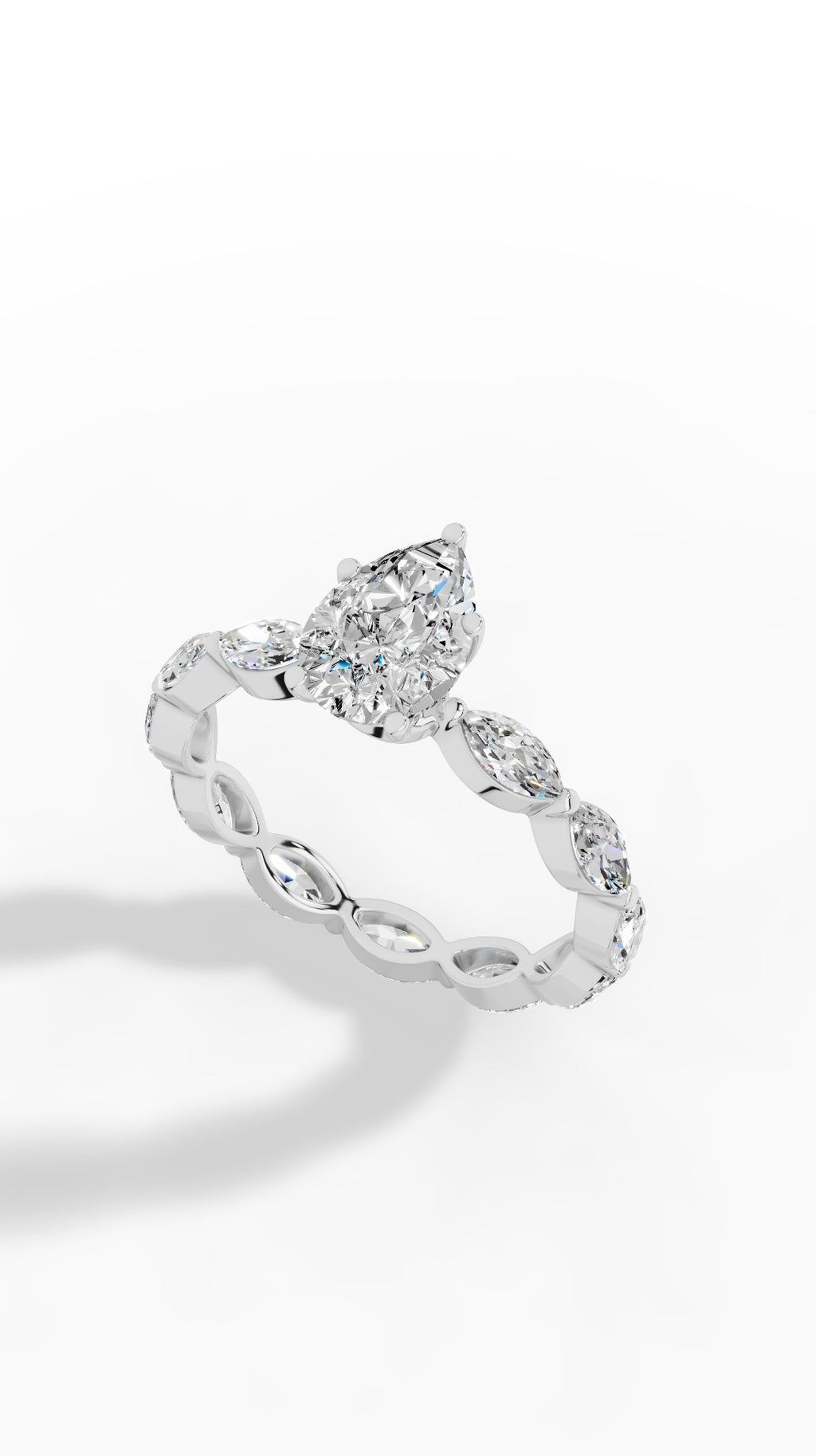 Pear Cut Solitaire & Eternity Marquise Cut Ring 18K White Gold 3.04 CTW