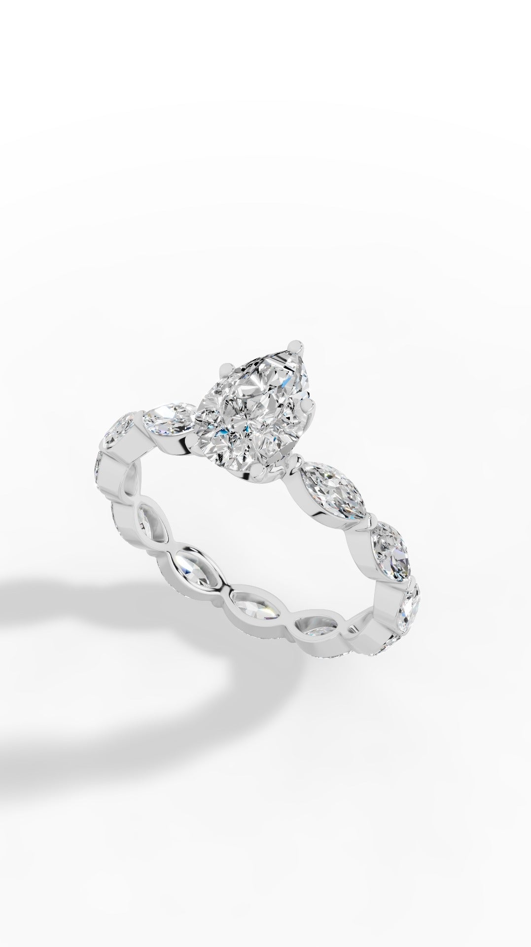 Pear Cut Solitaire & Eternity Marquise Cut Ring 18K White Gold 3.04 CTW