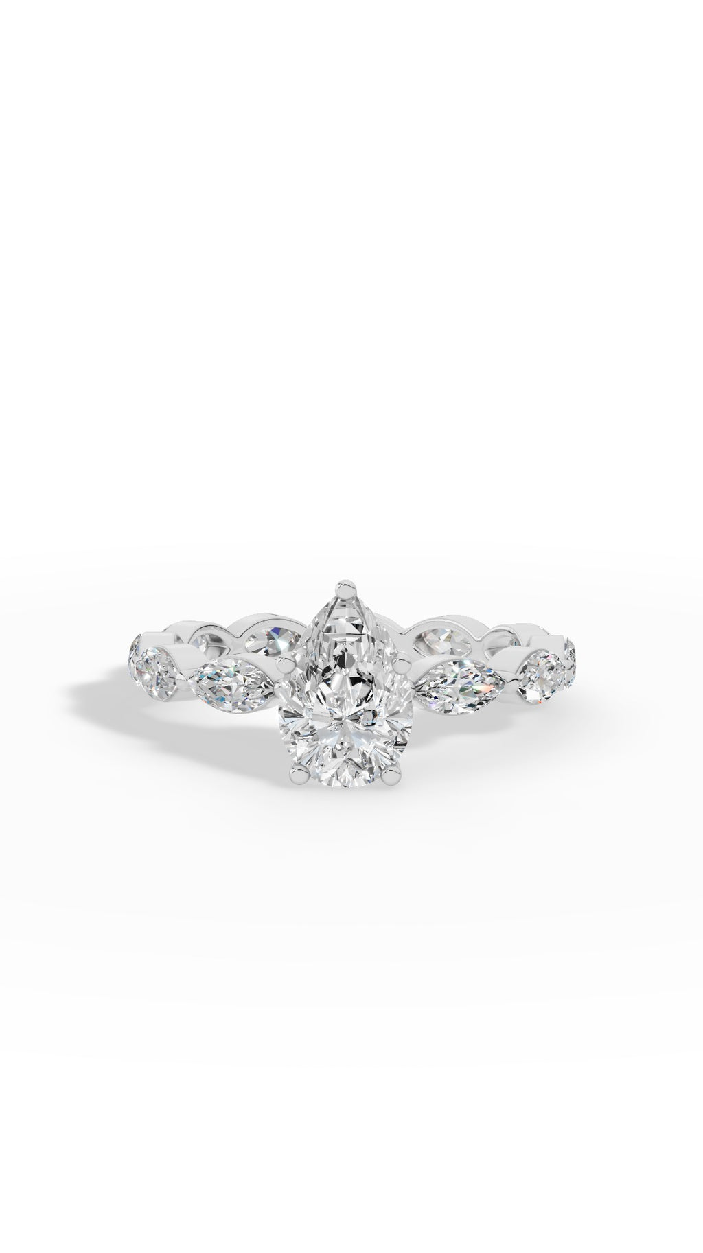 Pear Cut Solitaire & Eternity Marquise Cut Ring 18K White Gold 3.04 CTW
