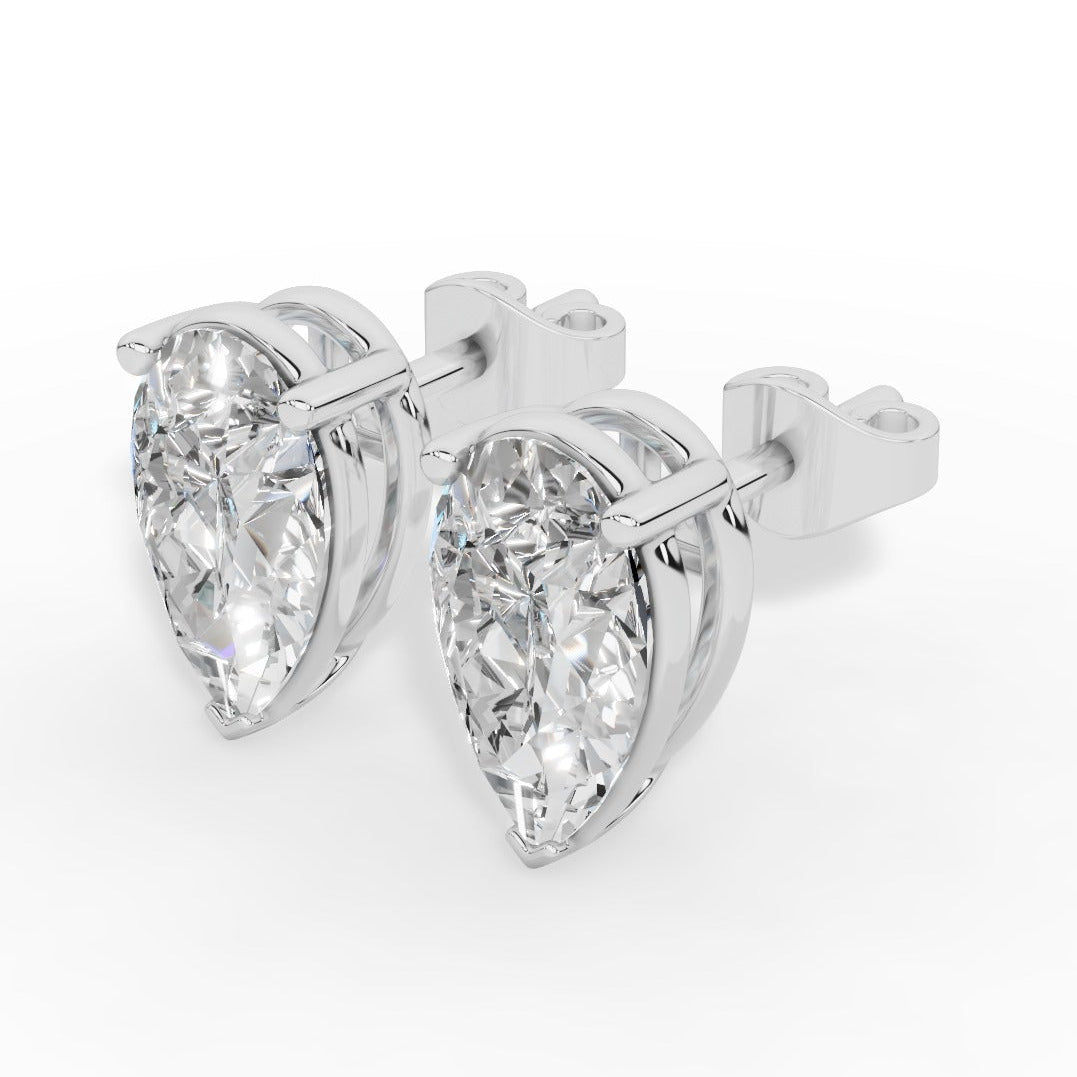 Pear  Cut Three Prong  Solitaire Lab-Grown Diamond Stud Earrings 18k White Gold