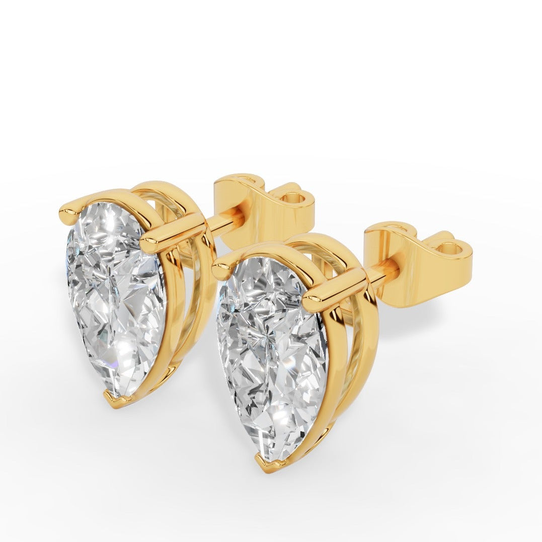 Pear  Cut Three Prong  Solitaire Lab-Grown Diamond Stud Earrings 18k Yellow Gold